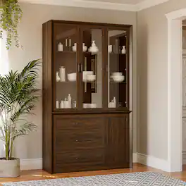 FUFU&GAGA - Multi-Purpose Large Glass Door Cabinet with Shelves and Drawers for Living Room or Kitchen Storage - Brown