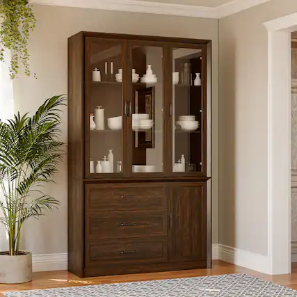Front. FUFU & GAGA - Multi-Purpose Large Glass Door Cabinet with Shelves and Drawers for Living Room or Kitchen Storage - Brown.
