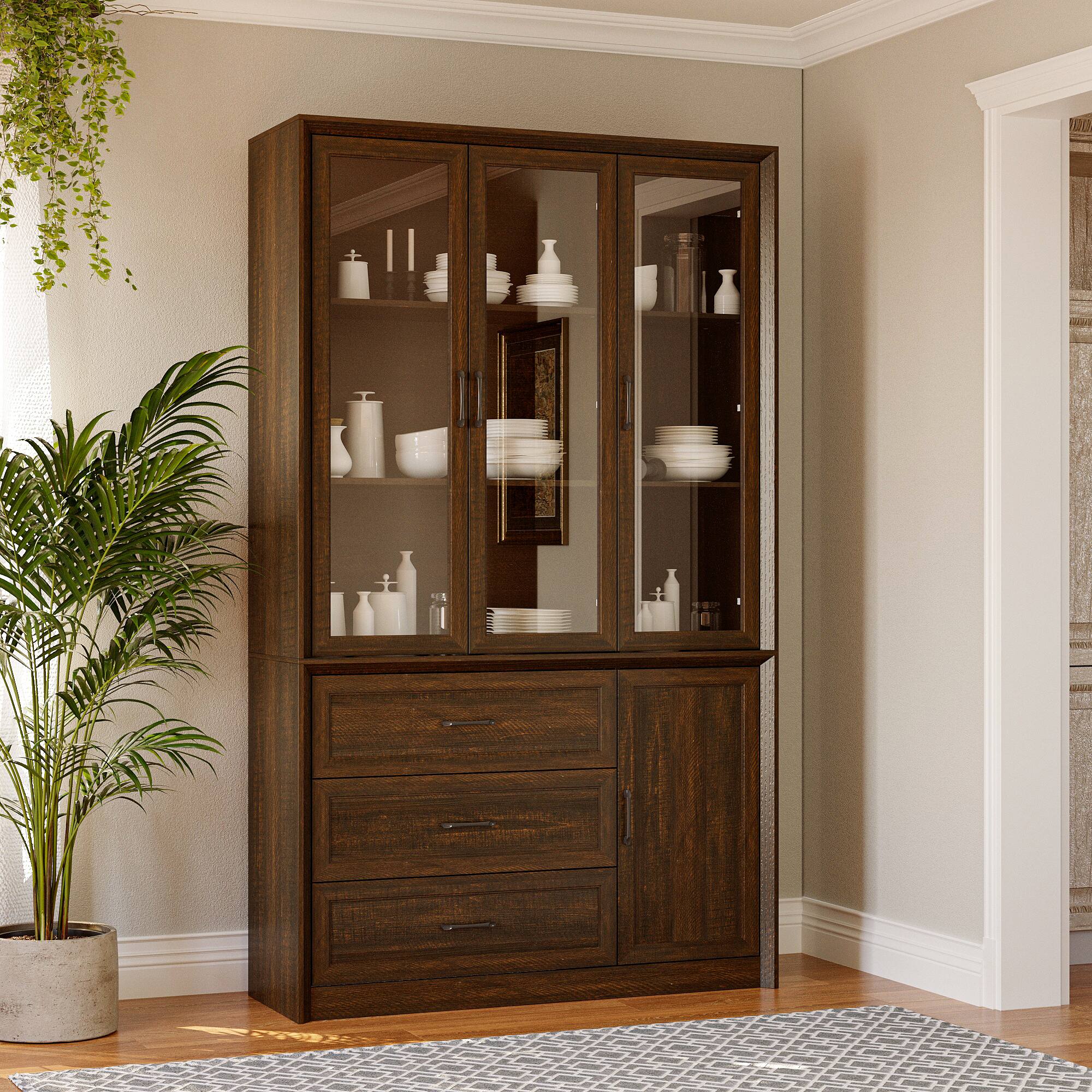 FUFU&GAGA - Multi-Purpose Large Glass Door Cabinet with Shelves and Drawers for Living Room or Kitchen Storage - Brown