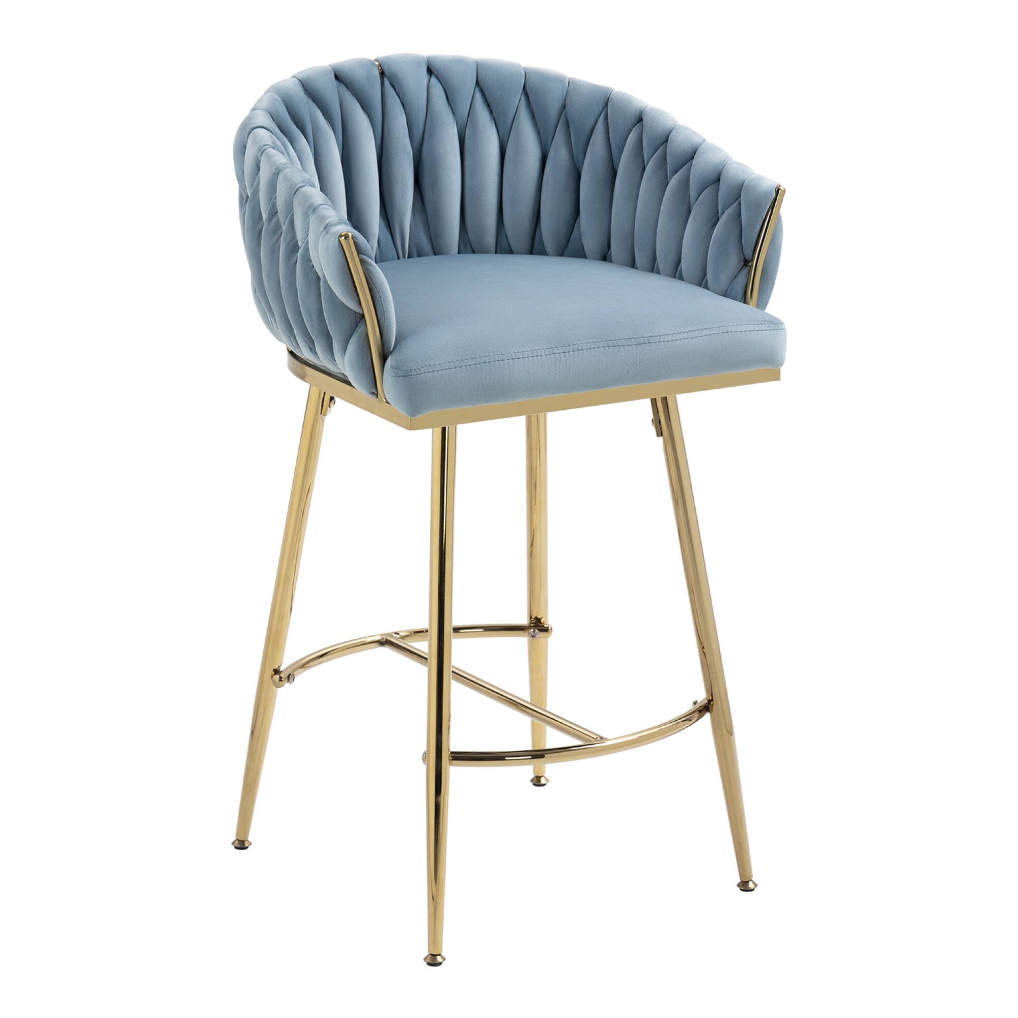 Left. GOODSILO - Set of 2 Velvet Upholstered Bar Stools with Golden Chrome Base, Counter Height Stools for Kitchen Island or Bar Seating - Blue.