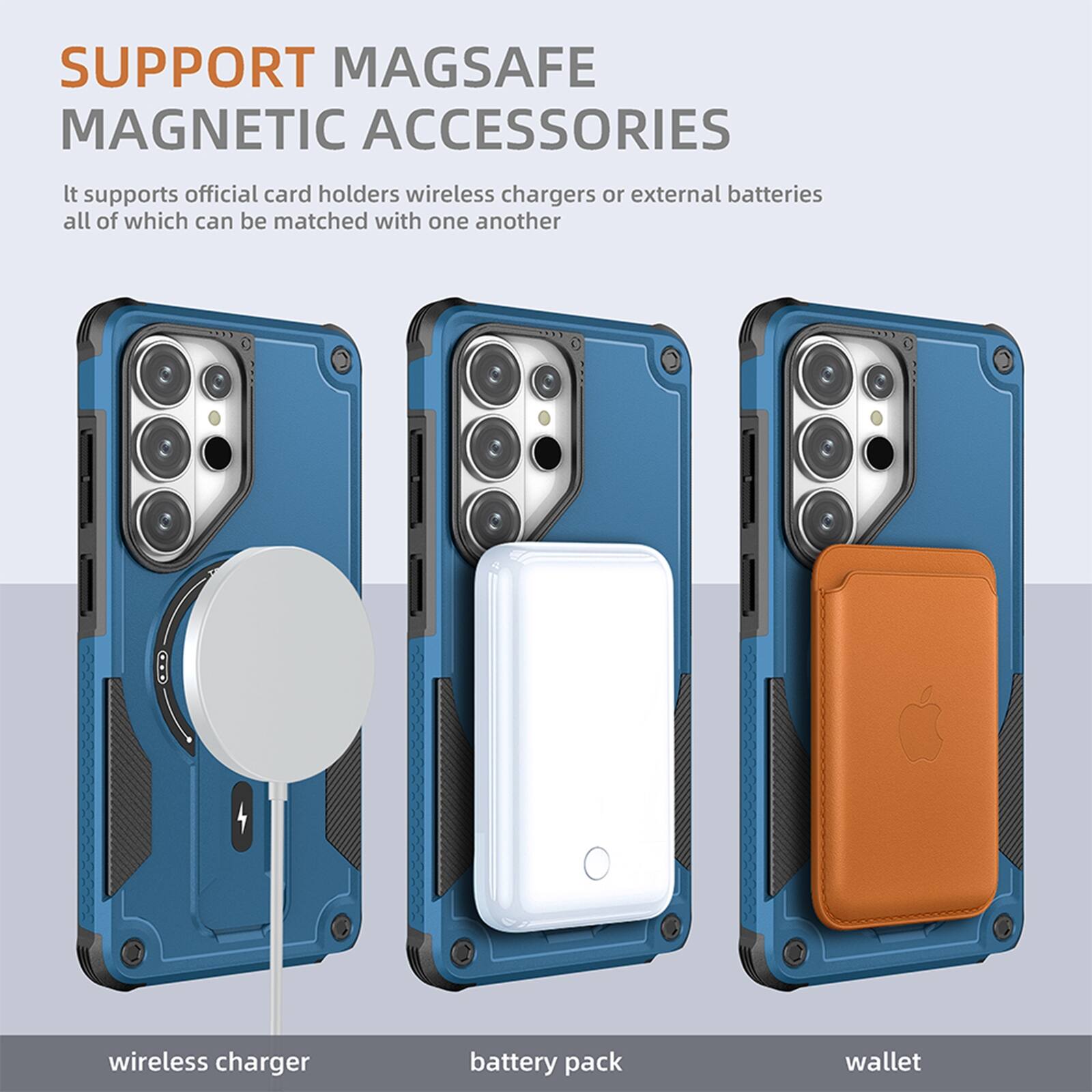 SUPPORT MAGSAFE MAGNETIC ACCESSORIES

It supports official card holders, wireless chargers, or external batteries, all of which can be matched with one another.

wireless charger  
battery pack  
wallet