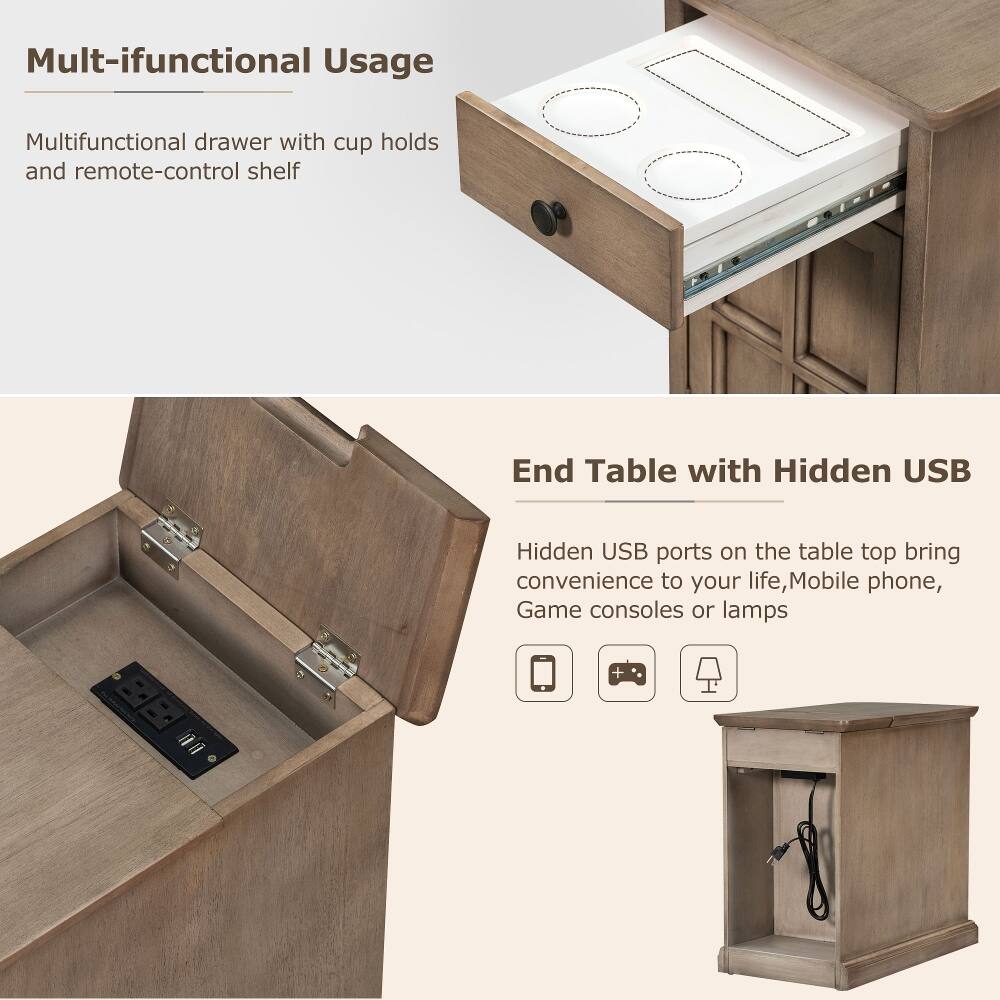 Multifunctional Usage

Multifunctional drawer with cup holds and remote-control shelf

End Table with Hidden USB

Hidden USB ports on the table top bring convenience to your life, Mobile phone, Game consoles or lamps