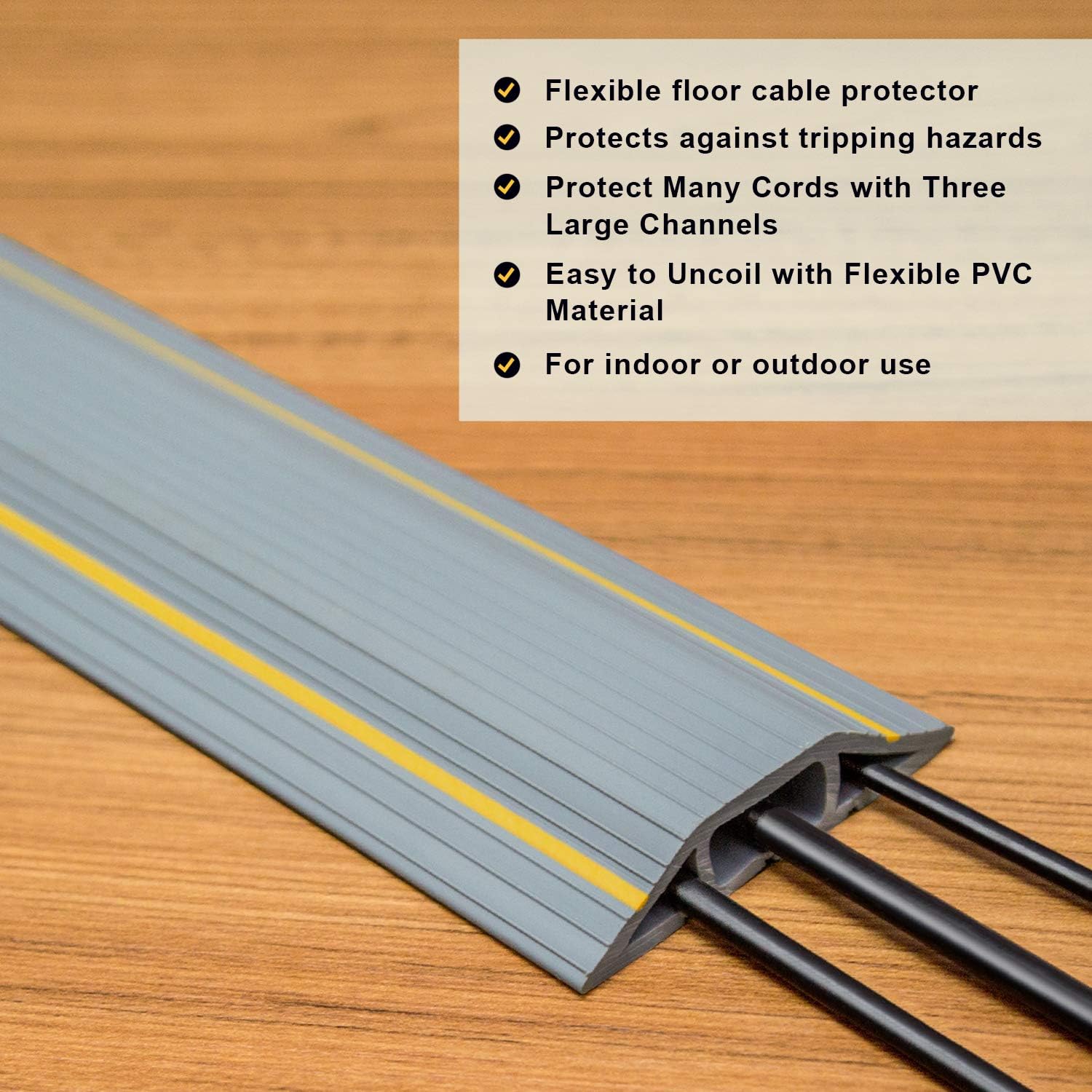 - Flexible floor cable protector
- Protects against tripping hazards
- Protect Many Cords with Three Large Channels
- Easy to Uncoil with Flexible PVC Material
- For indoor or outdoor use
