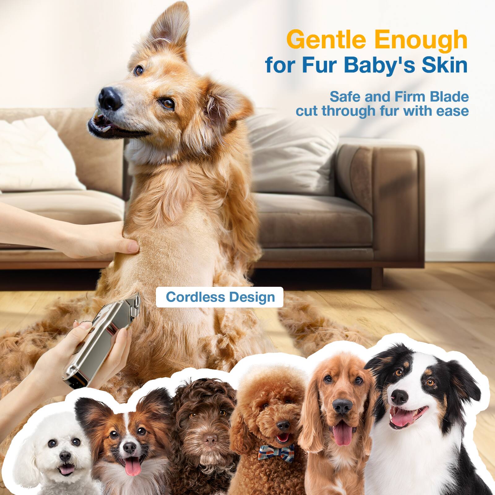 Gentle Enough for Fur Baby's Skin  
Safe and Firm Blade cut through fur with ease  
Cordless Design