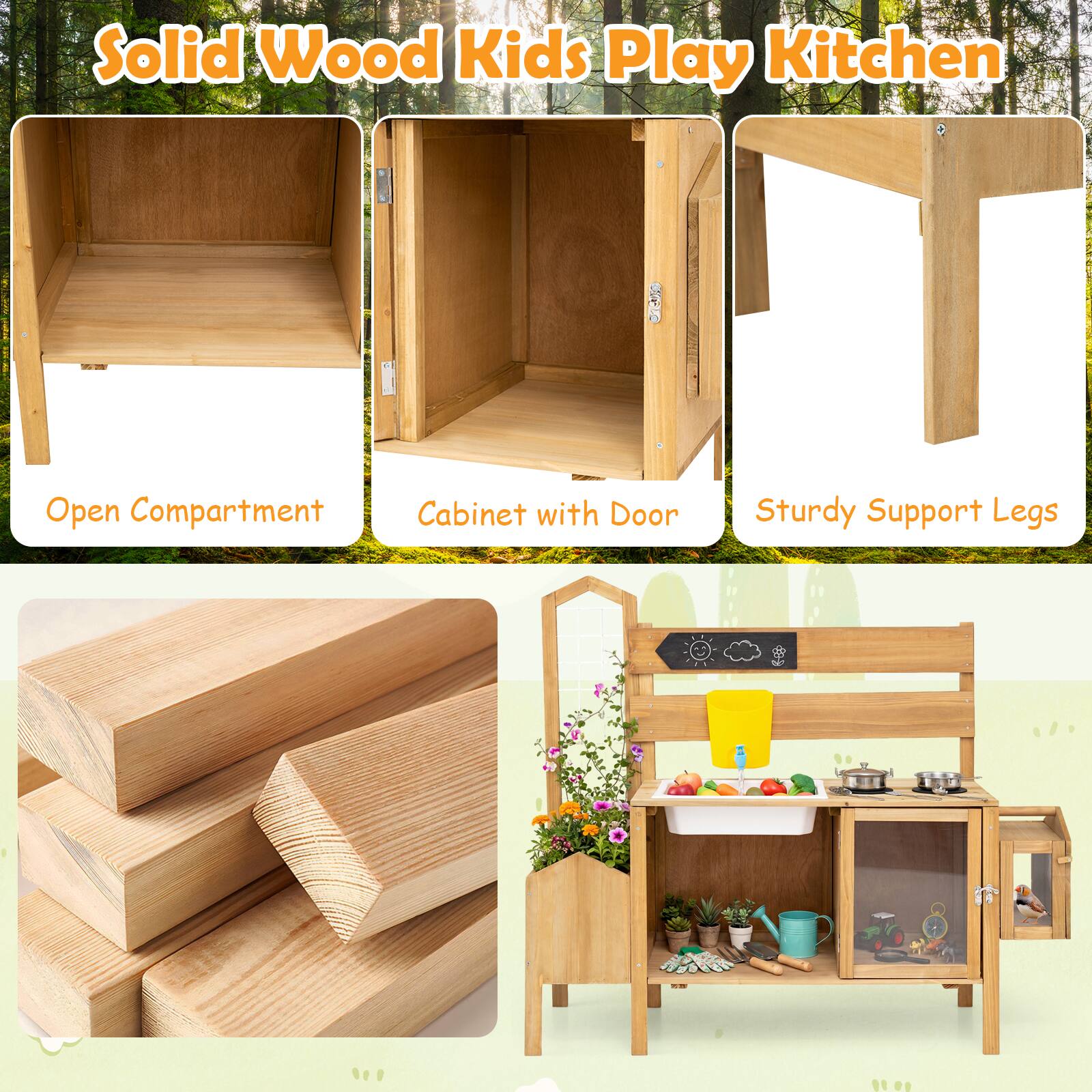 Solid Wood Kids Play Kitchen  
Open Compartment Cabinet with Door  
Sturdy Support Legs