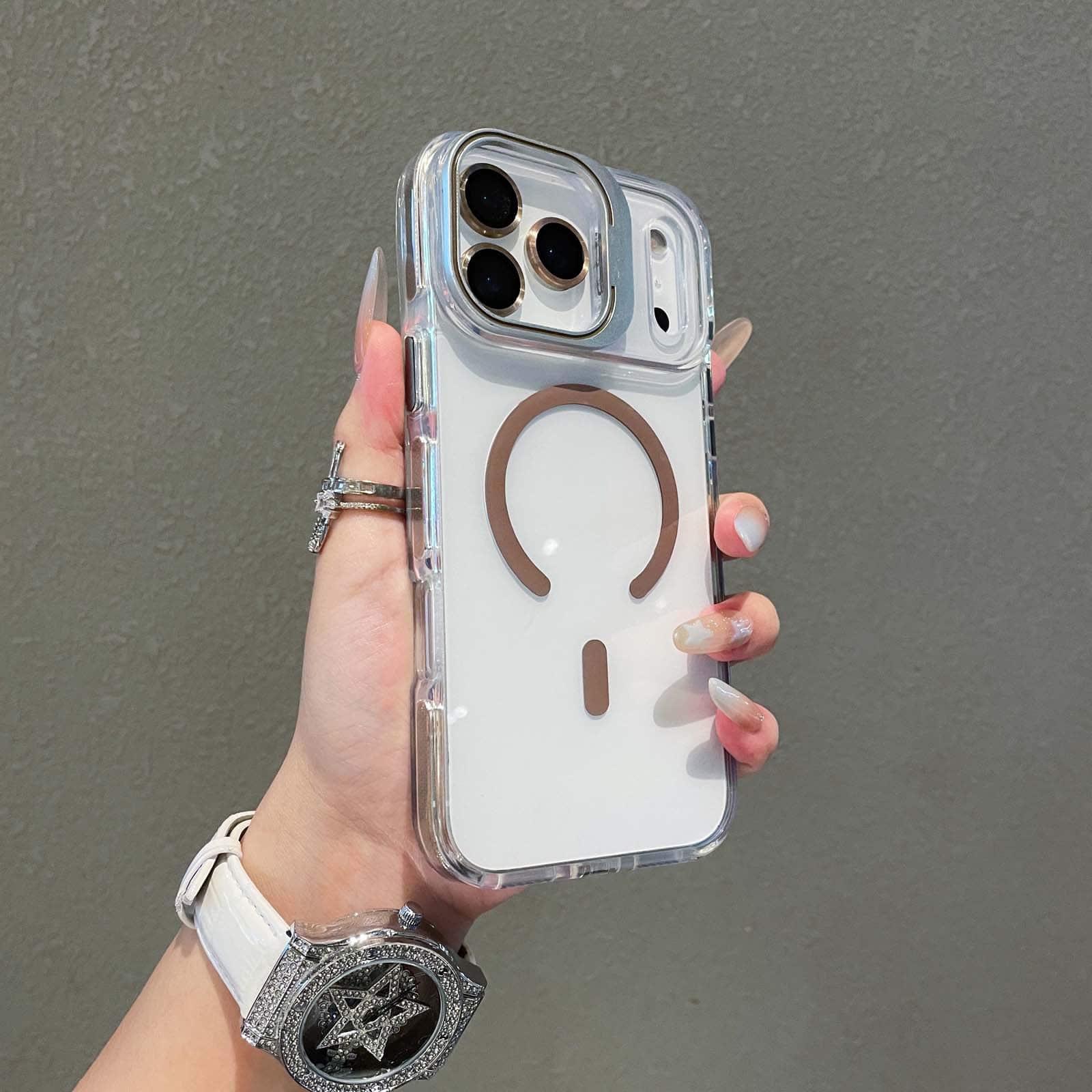 Dteck - Magnetic Clear Case for Apple iPhone 17 Pro Max Built-in Camera Stand, Shockproof Transparent Cover with Lens Protector - Gold price history on PriceWatchPro