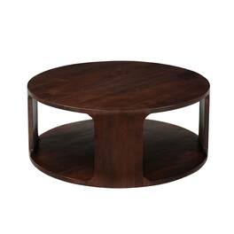 Manhattan Lane - Bard Coffee Table, 38 Inch Round Top with Shelf, Walnut Mango Wood Sculptural Frame - Brown