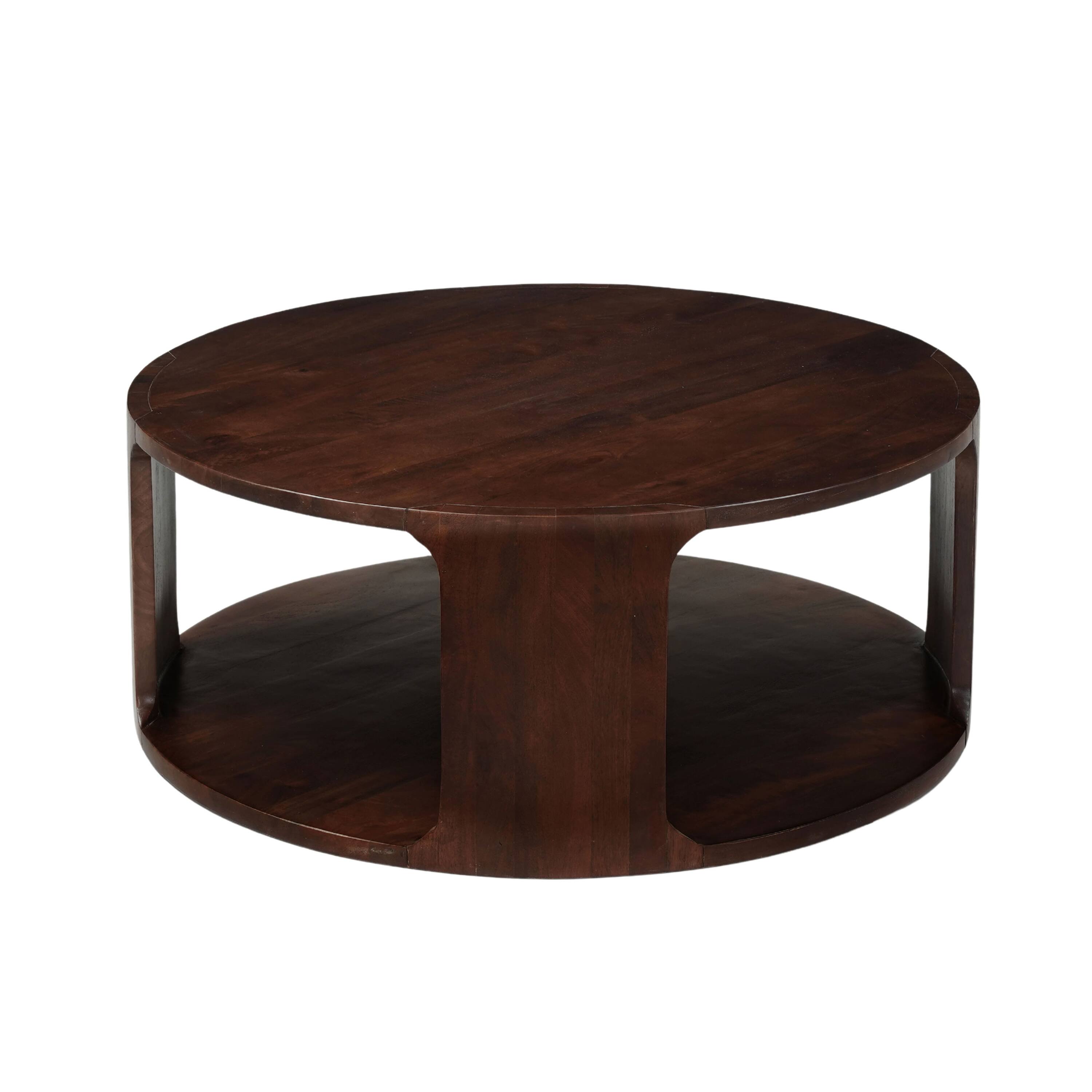 Front. Manhattan Lane - Bard Coffee Table, 38 Inch Round Top with Shelf, Walnut Brown Mango Wood Sculptural Frame - Brown.