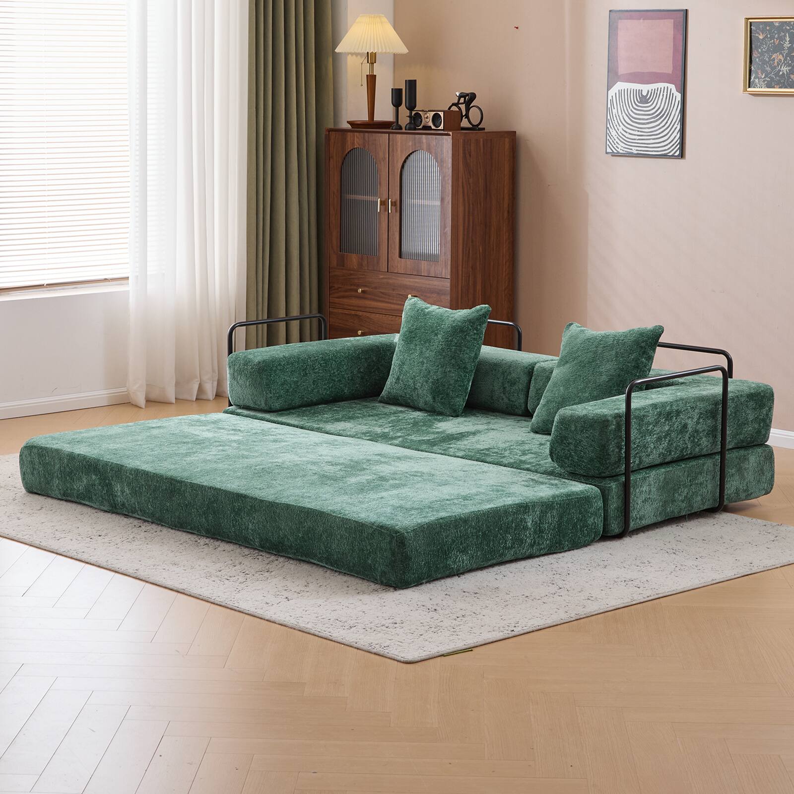 Front. APRILSOUL - Floor Couch Compression Sofa Convertible Pillow Back Support Armrest Comfy Futon Chenille Fabric Living Room Bedroom - Green.