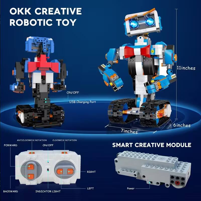 OKK CREATIVE ROBOTIC TOY

- 11 inches
- 7 inches
- 6 inches

USB Charging Port

ANTICLOCKWISE ROTATION
CLOCKWISE ROTATION

FORWARD
ON/OFF
RIGHT
LEFT
BACKWARD
INDICATOR LIGHT

SMART CREATIVE MODULE

Power