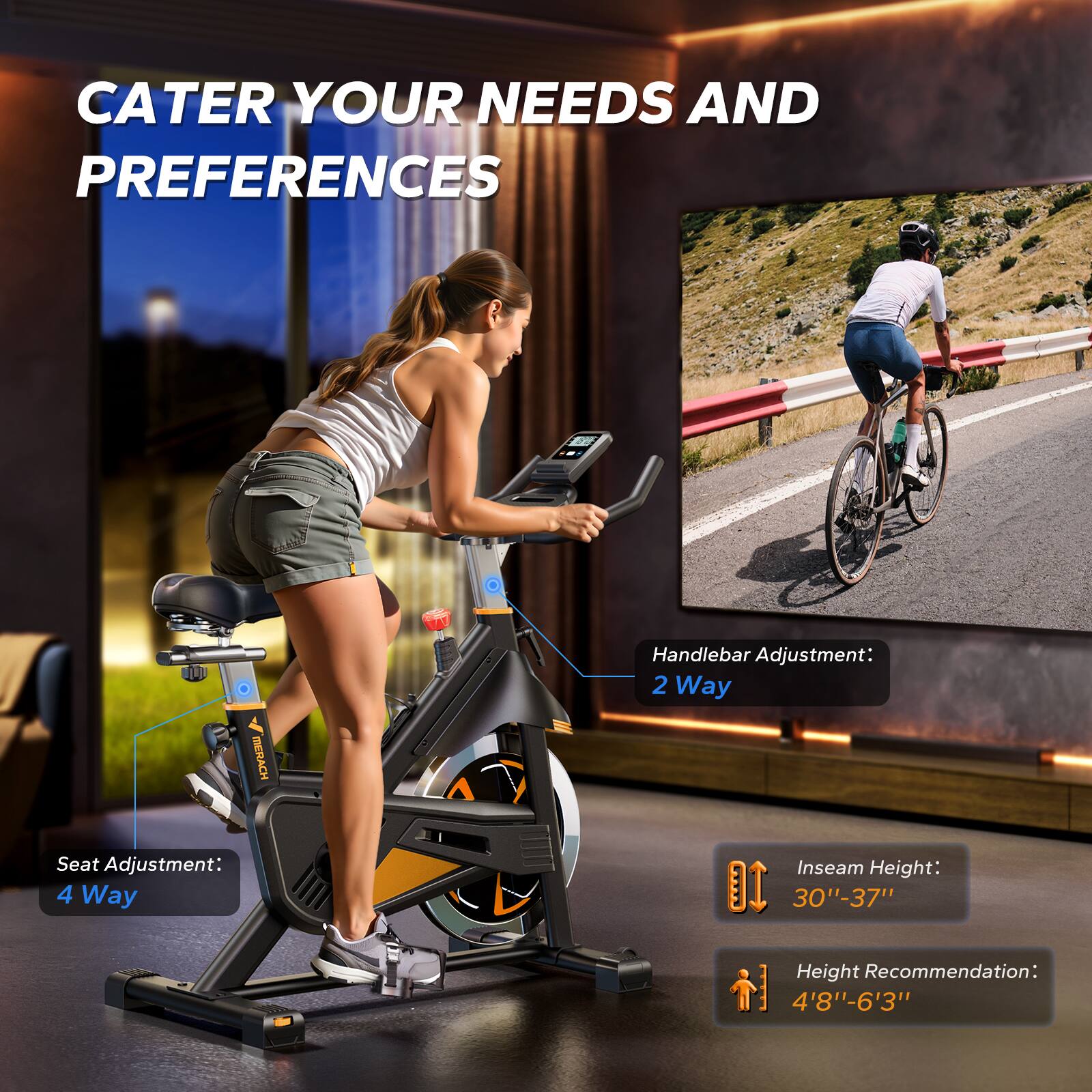 CATER YOUR NEEDS AND PREFERENCES

Handlebar Adjustment: 2 Way  
Seat Adjustment: 4 Way  
Inseam Height: 30"-37"  
Height Recommendation: 4'8"-6'3"