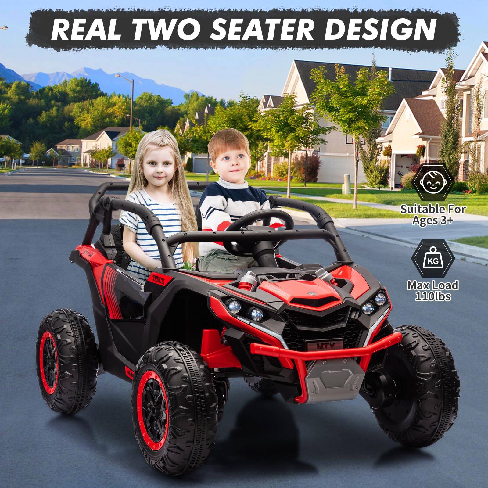 REAL TWO SEATER DESIGN

Suitable For Ages 3+

Max Load 110lbs