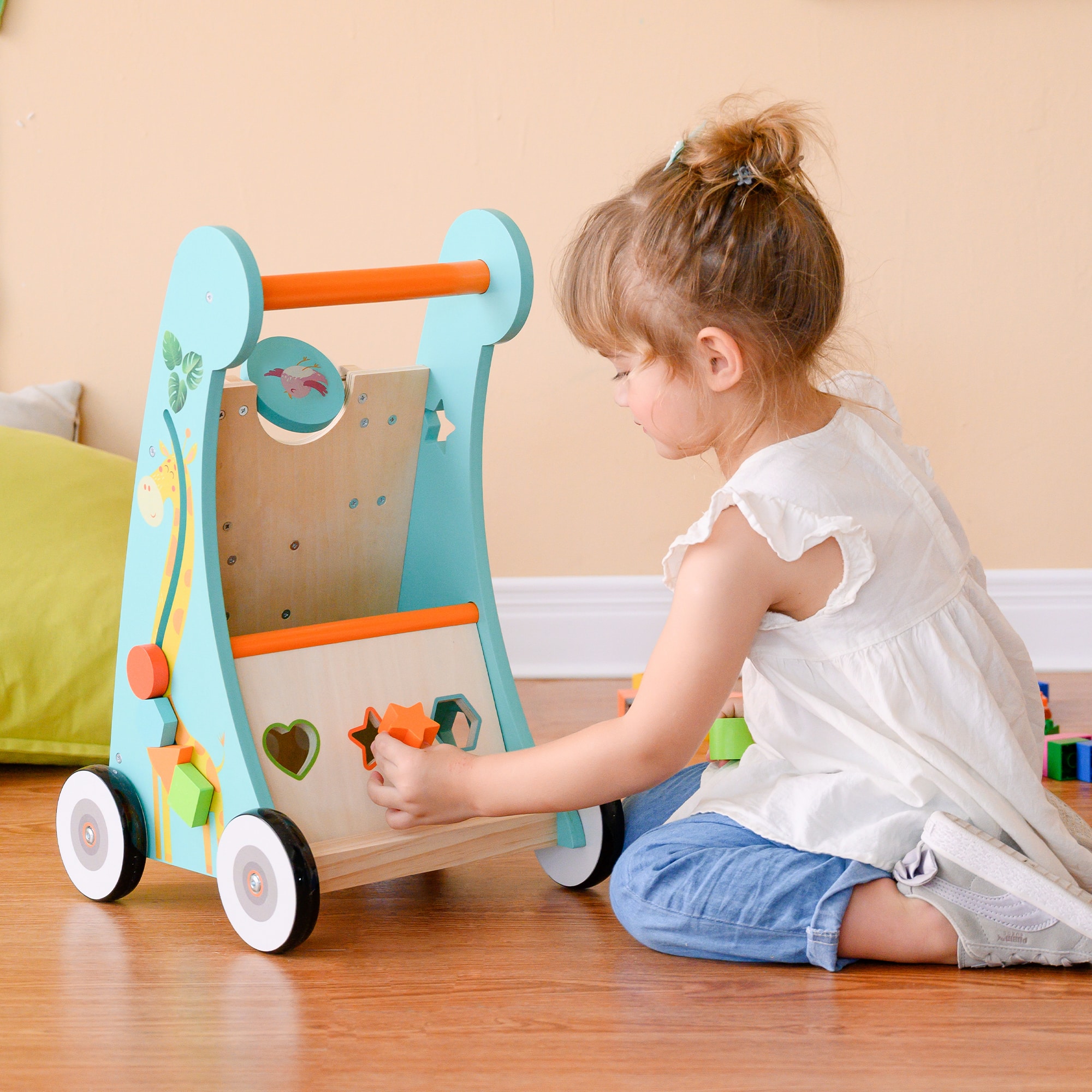 Teamson Kids - Preschool Play Lab Baby Walker and Activity Station, Natural/Blue