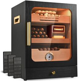 KingChii - 20L Cigar Humidor with Temperature Control, Spanish Cedar Shelves and Hygrometer(100 Capacity) - Black