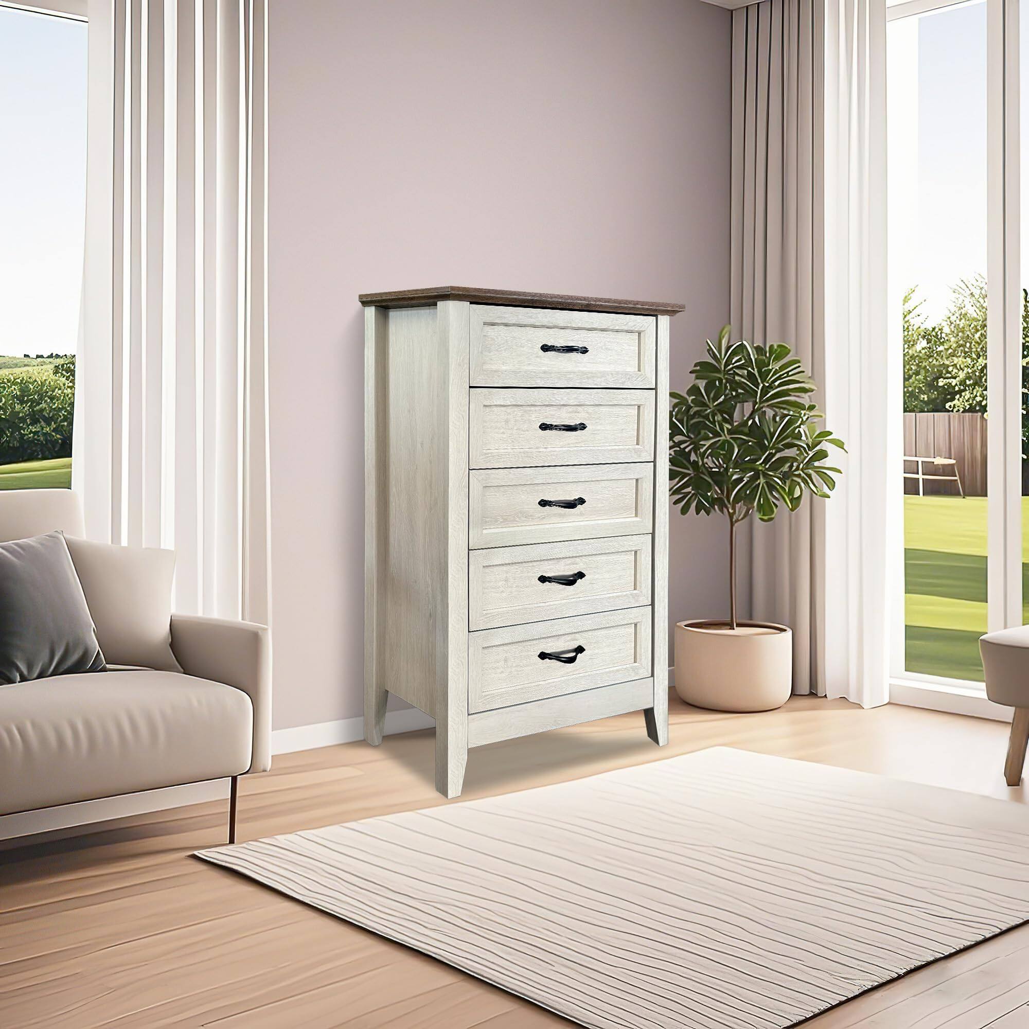 Alt View 4. Acekool - 5 Drawers Dresser for Bedroom, Wood Tall Chset of Drawers, Farmhouse Dresser Chests with Metal Handle for Bedroom - White.