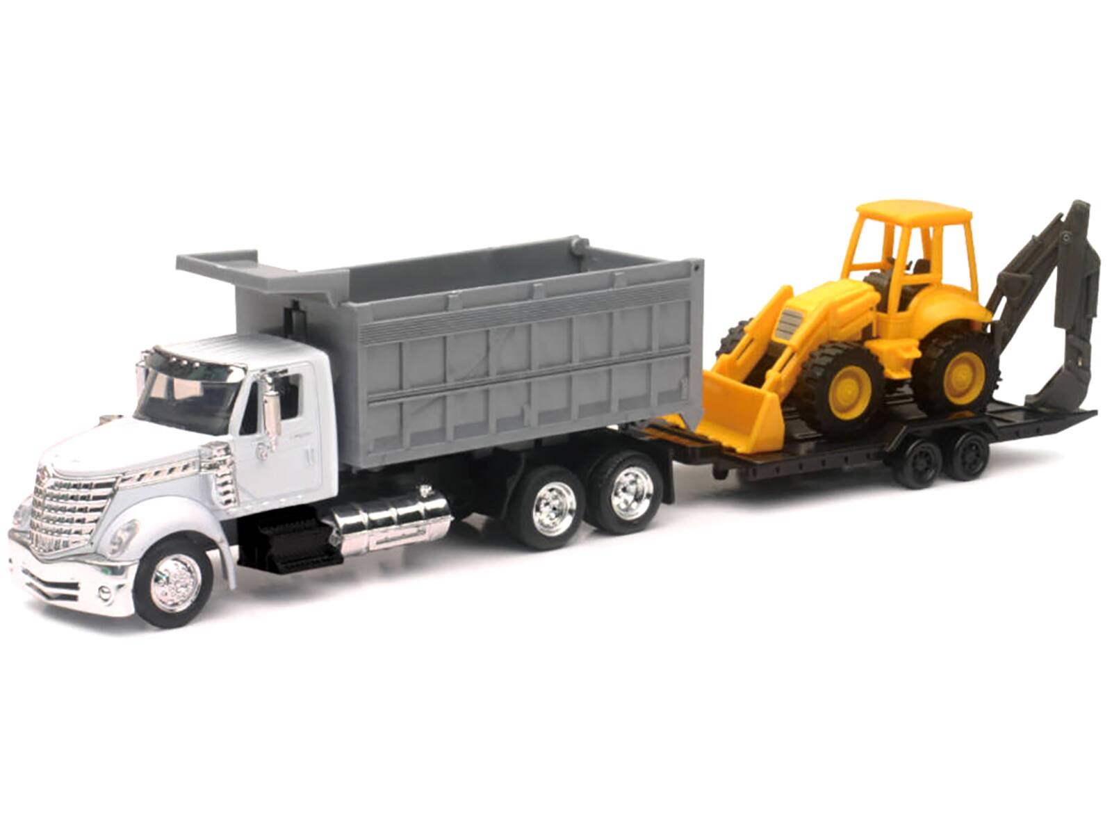 Angle. New Ray - International Lonestar Dump Truck White and Wheel Loader Yellow with Flatbed Trailer "Long Haul Truckers" Series 1/43 - White, Yellow.