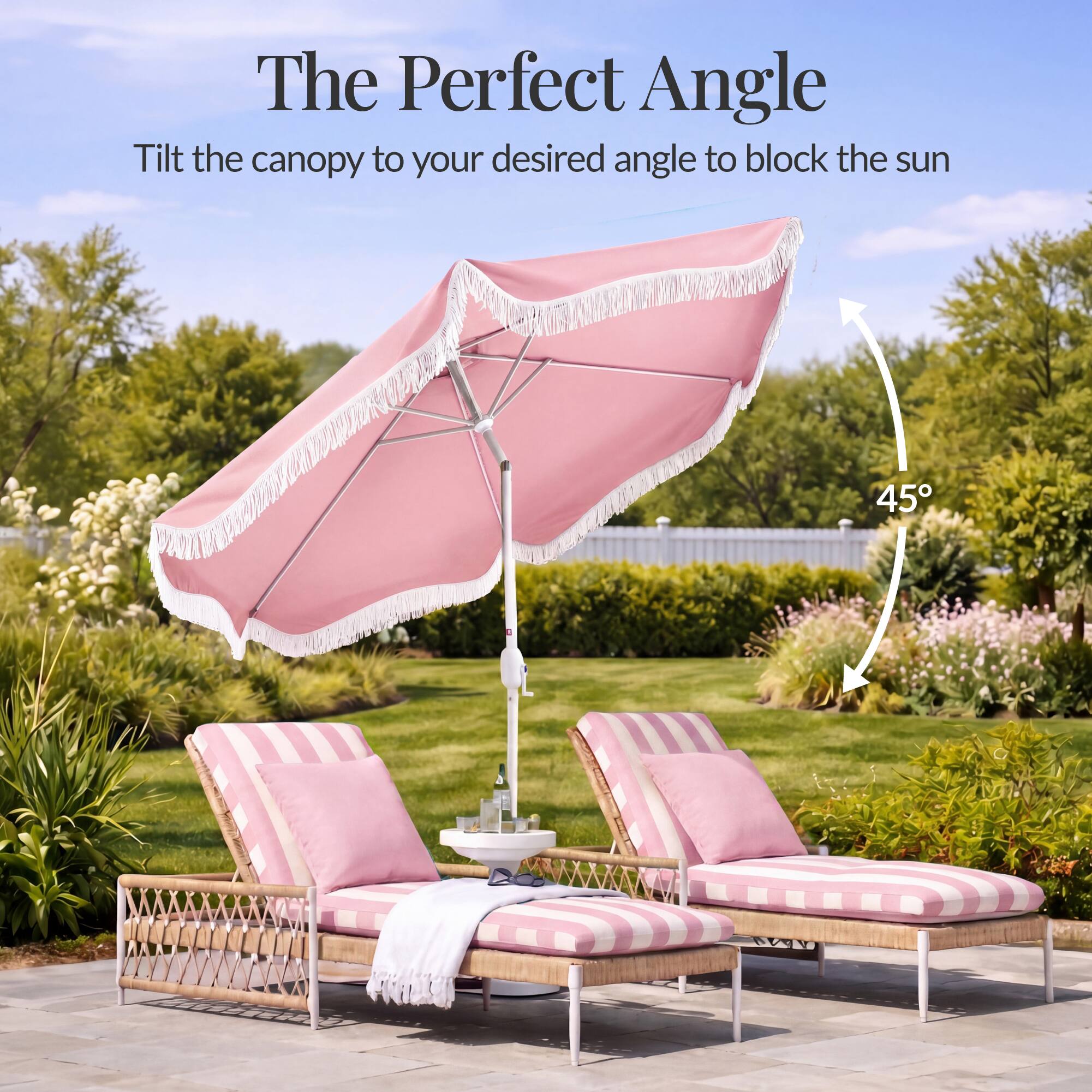 The Perfect Angle  
Tilt the canopy to your desired angle to block the sun  
45°