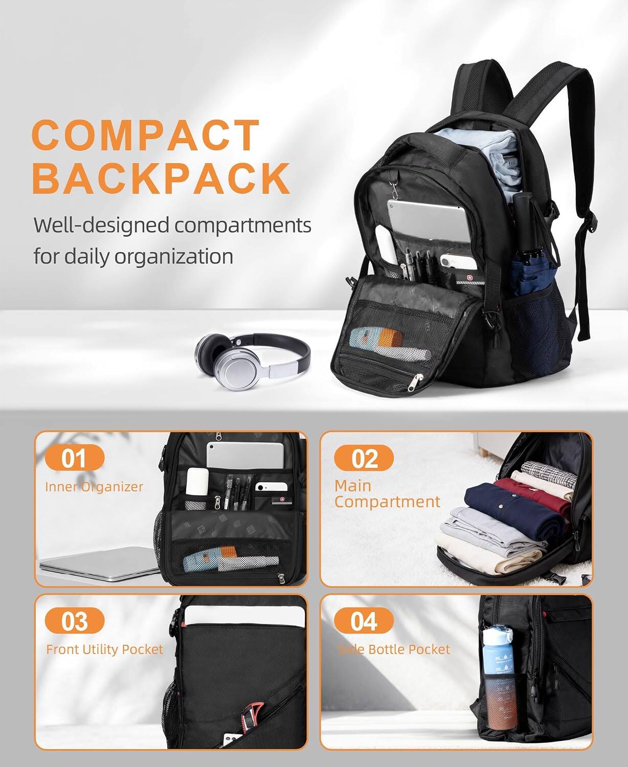 COMPACT BACKPACK  
Well-designed compartments for daily organization  

01 Inner Organizer  
02 Main Compartment  
03 Front Utility Pocket  
04 Side Bottle Pocket