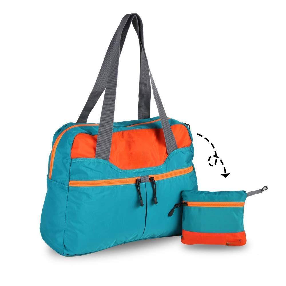 Front. Paradigms Interiors - Large Foldable Travel Duffel Bag Packable Tote Carry On Luggage Weekender Overnight Lightweight - Turquoise.