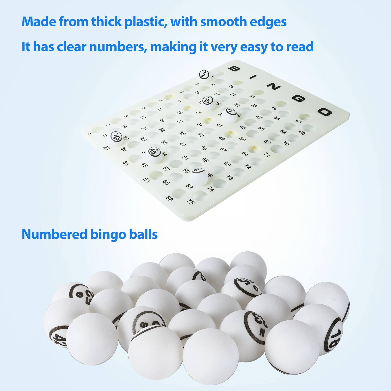 Made from thick plastic, with smooth edges. It has clear numbers, making it very easy to read. Numbered bingo balls. 20 29 36 45 1 2 25 39 46 47 54 61 69 0 18.