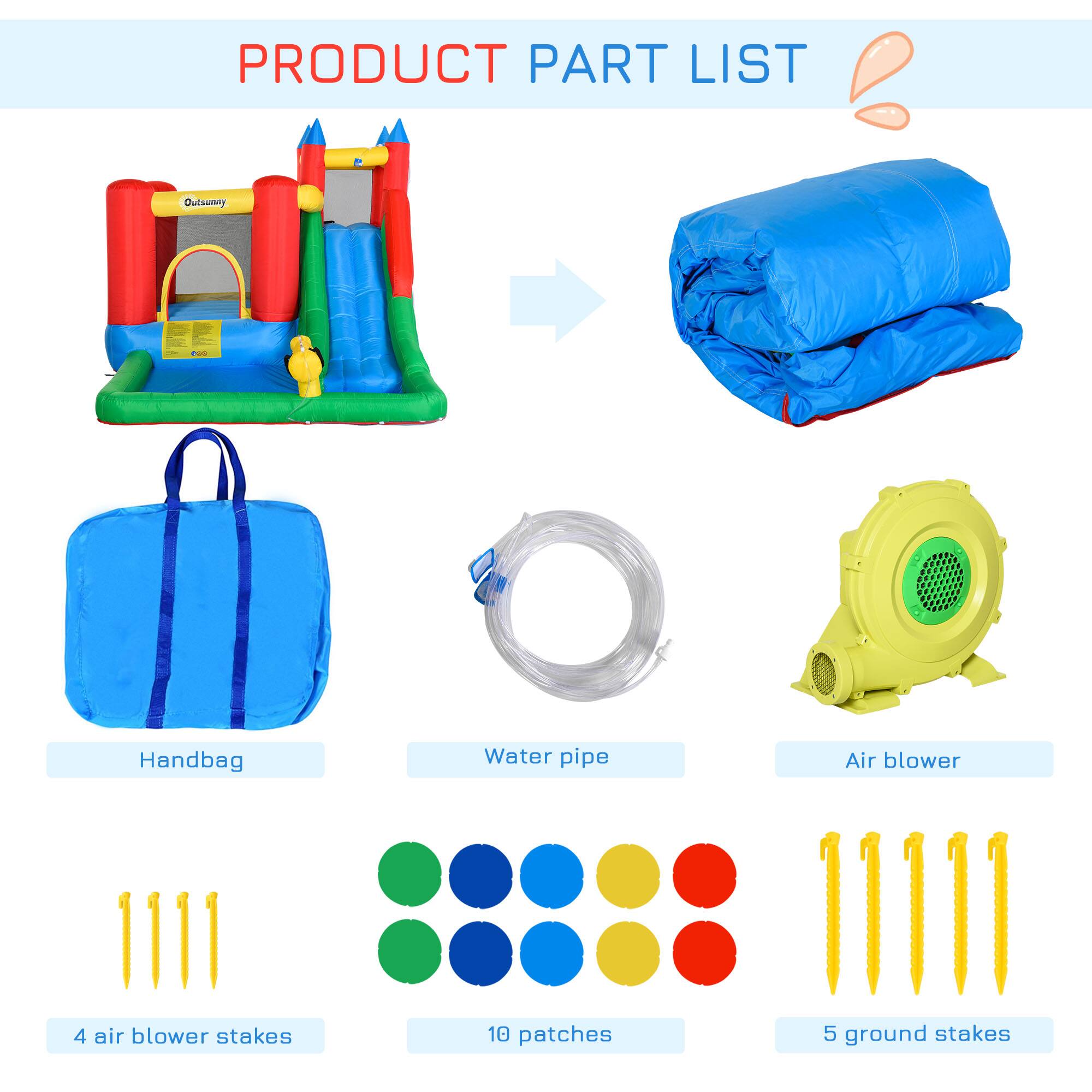PRODUCT PART LIST

- Handbag
- Water pipe
- Air blower
- 4 air blower stakes
- 10 patches
- 5 ground stakes