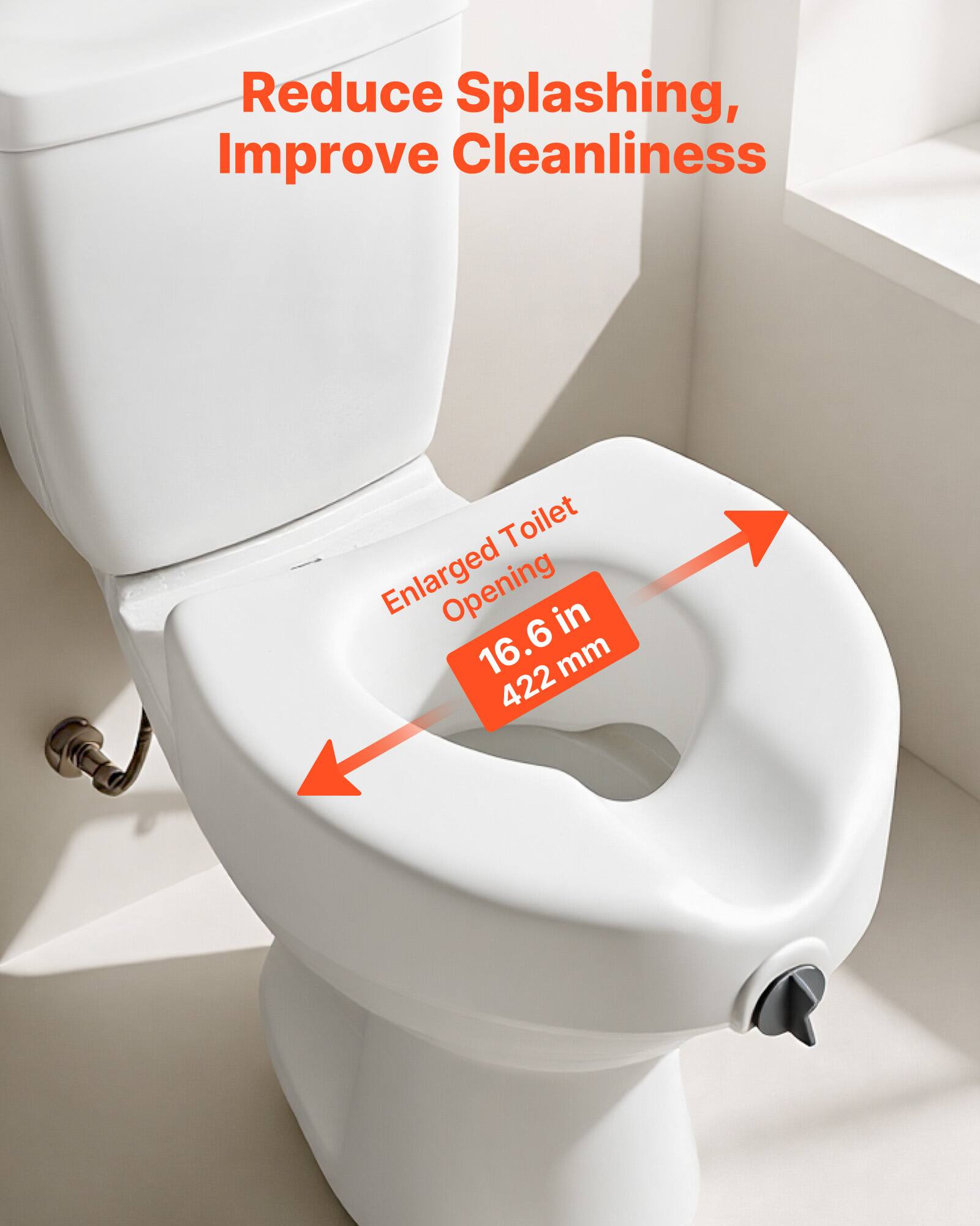 Reduce Splashing, Improve Cleanliness

Enlarged Toilet Opening
16.6 in
422 mm