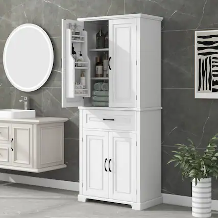 Front. Mirfee - Bathroom Storage Cabinet with Doors, Drawer, Adjustable Shelf, Multiple Storage - White.