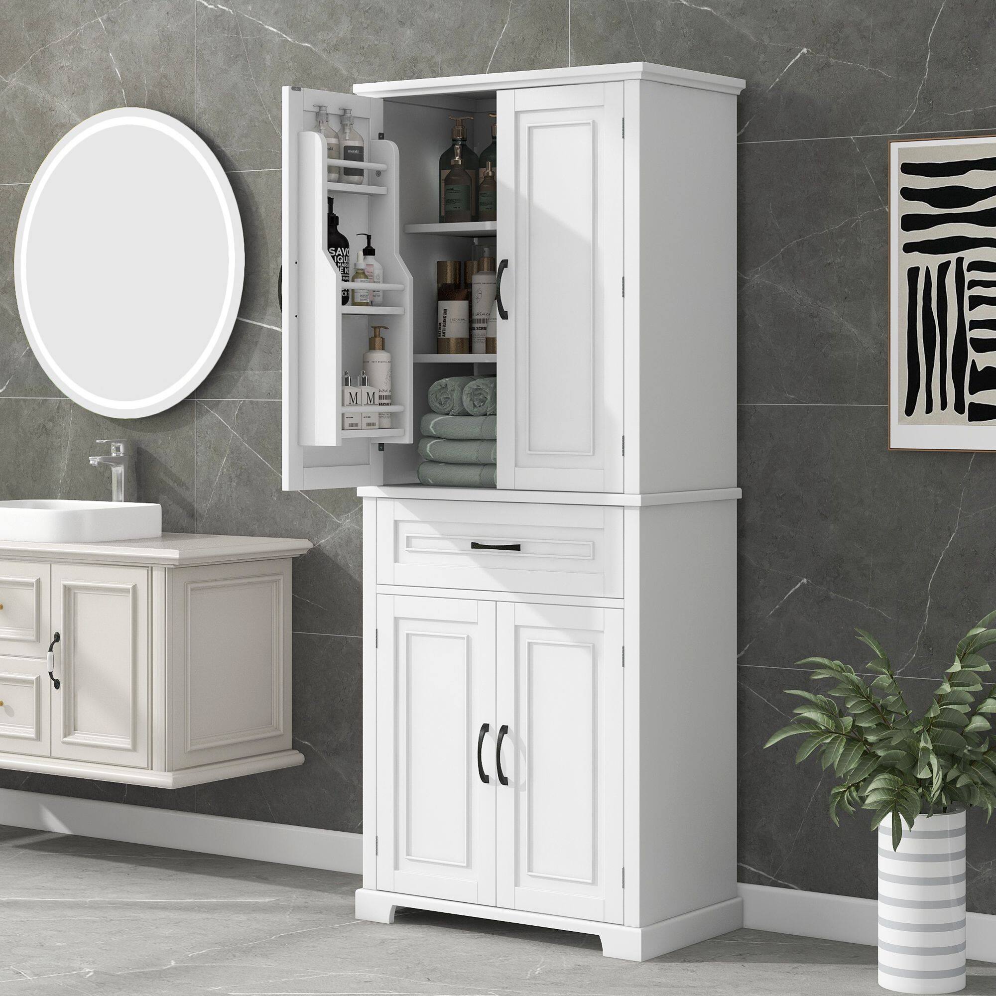 Front. Mirfee - Bathroom Storage Cabinet with Doors, Drawer, Adjustable Shelf, Multiple Storage - White.