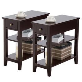 Costway - 3 Tier Nightstand Bedside Table Sofa Side End Table w/Double Shelves Drawer - Brown