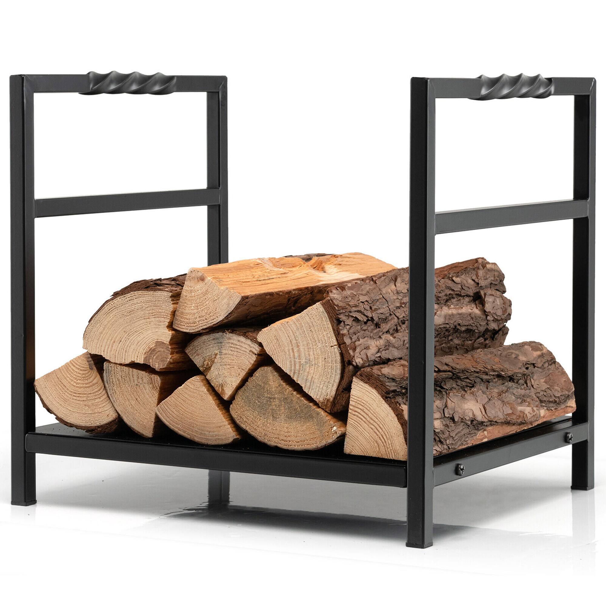 Front. Gymax - Gymax Firewood Rack Fireplace Log Holder Wood Steel Stove Bracket Stacking Rack - Black.