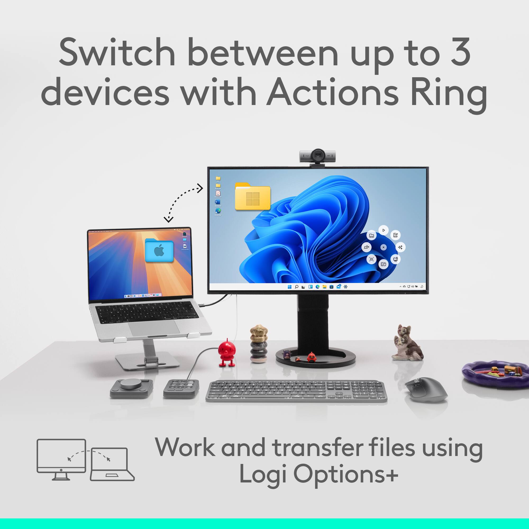 Switch between up to 3 devices with Actions Ring. Work and transfer files using Logi Options+.
