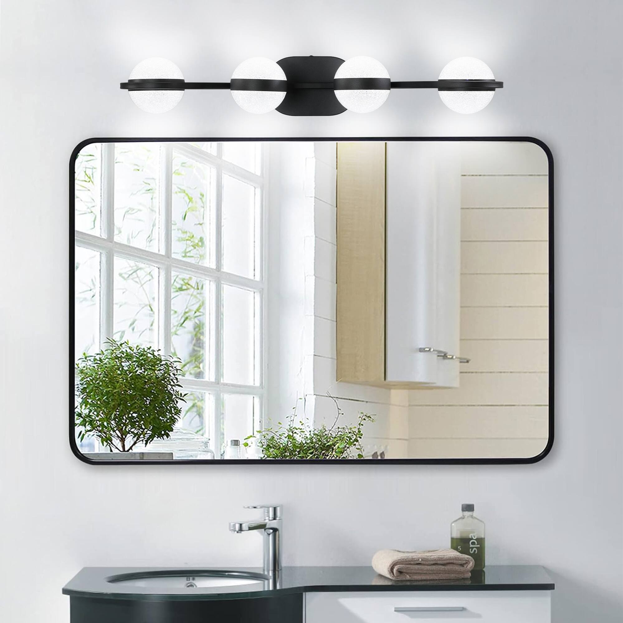 Angle. APRILSOUL - 30 Inch Black Minimalist LED Bathroom Vanity Light with Crystal Sand Acrylic Shades 4-Light Wall Mounted.