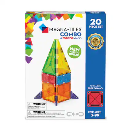 MAGNA-TILES COMBO + microMAGS
20 PIECE SET
AWARDED FOR MOST TRUSTED BRAND SINCE EXCELLENCE
NEW WAYS TO BUILD!
WARNING: CHOKING HAZARD - Small parts. Not for children under 3 years.
WARNING: The product contains small magnets. Swallowed magnets can stick together across intestines causing serious infections and death. Seek immediate medical attention if magnets are swallowed or inhaled.
ACTUAL SIZE microMAG
FOR AGES 3-99