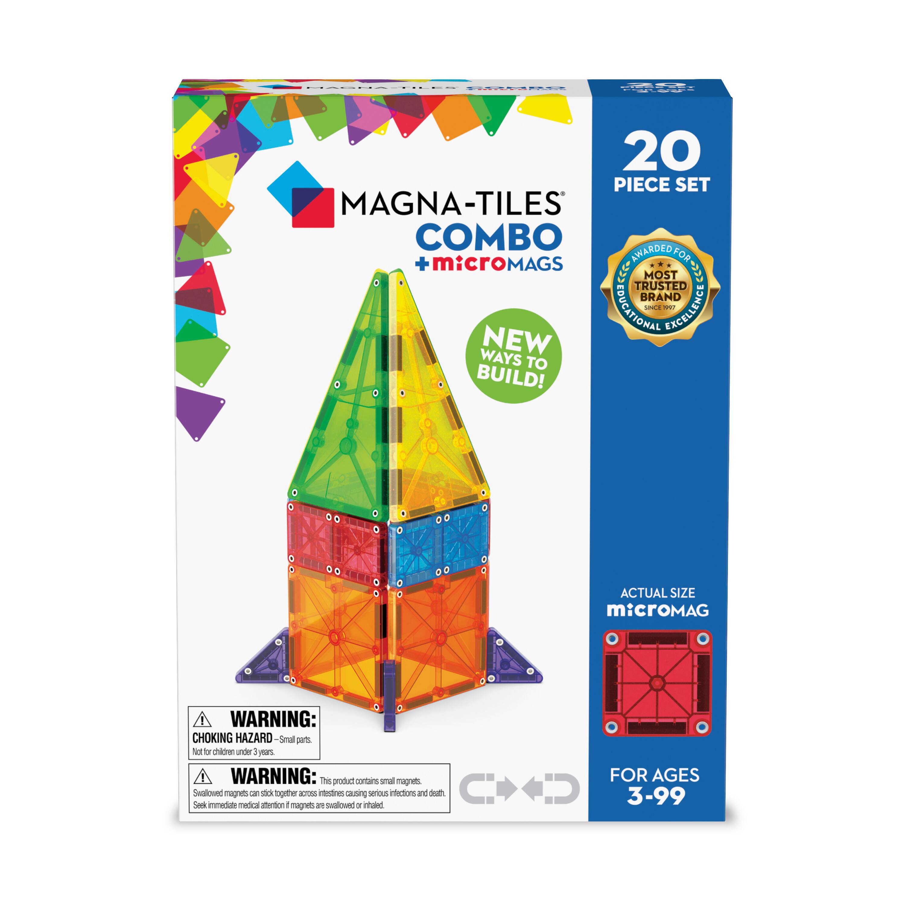 MAGNA-TILES COMBO + microMAGS

20 PIECE SET

AWARDED FOR MOST TRUSTED BRAND SINCE EXCELLENCE

NEW WAYS TO BUILD!

WARNING: CHOKING HAZARD - Small parts. Not for children under 3 years.

WARNING: The product contains small magnets. Swallowed magnets can stick together across intestines causing serious infections and death. Seek immediate medical attention if magnets are swallowed or inhaled.

ACTUAL SIZE microMAG

FOR AGES 3-99