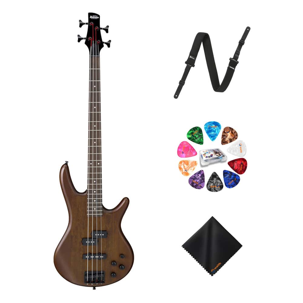 Ibanez - GSR200 4-String Bass Walnut Flat Guitar, Right Handed+Strap+Picks Bundle
