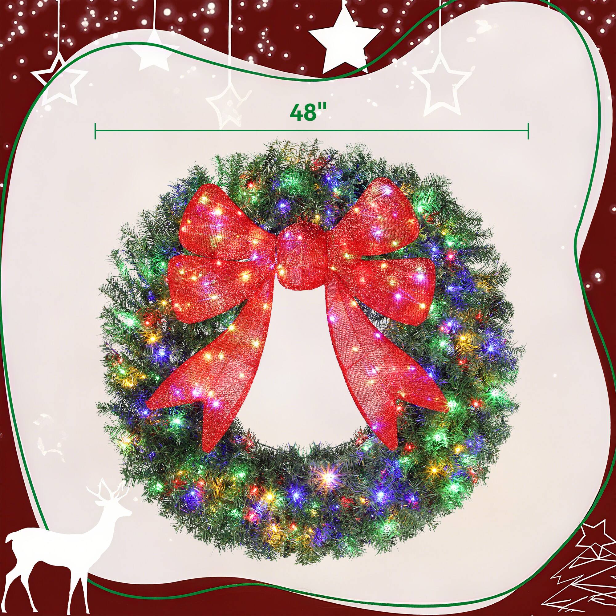 Alt View 2. Homcom - 48in Pre-Lit Xmas Wreath, 3D Red Bow, 11 Modes, Remote, 200 LEDs, 702 Tips, Indoor Outdoor - Green.