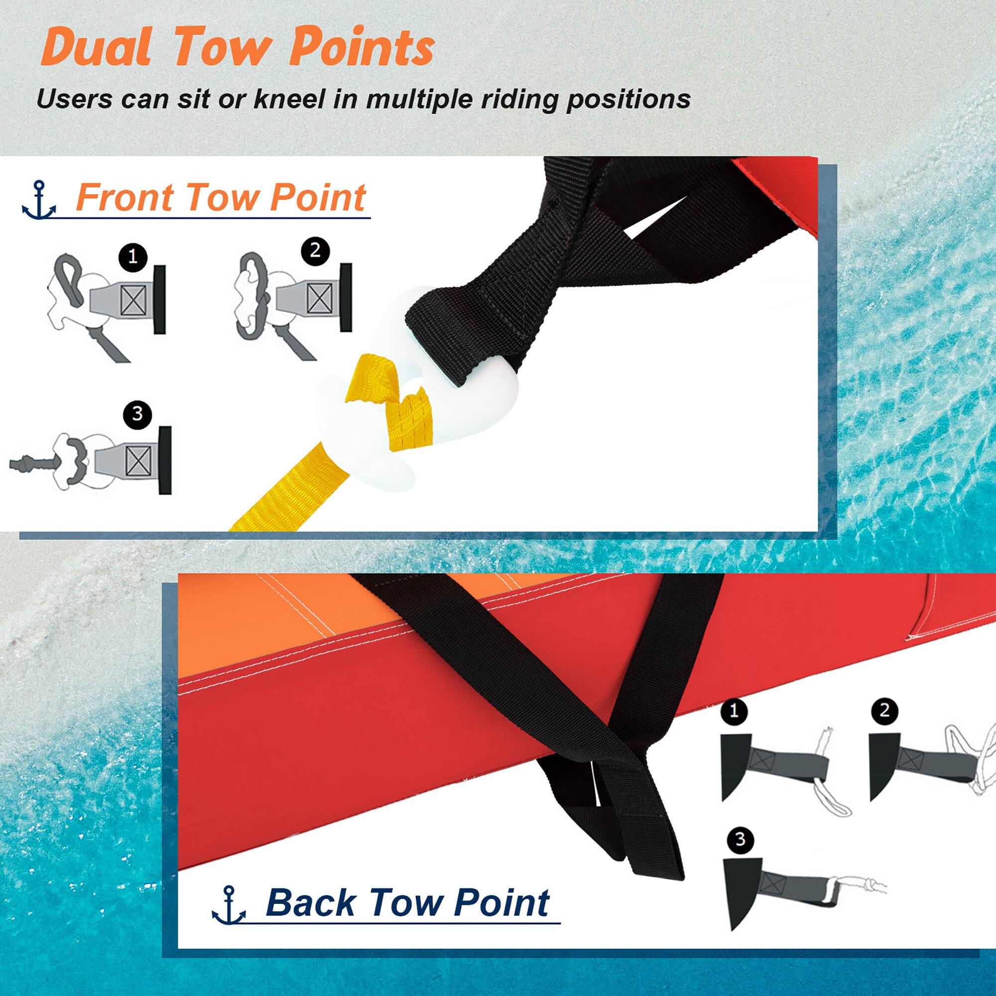 Dual Tow Points  
Users can sit or kneel in multiple riding positions  

Front Tow Point  
1  
2  
3  

Back Tow Point  
1  
2  
3