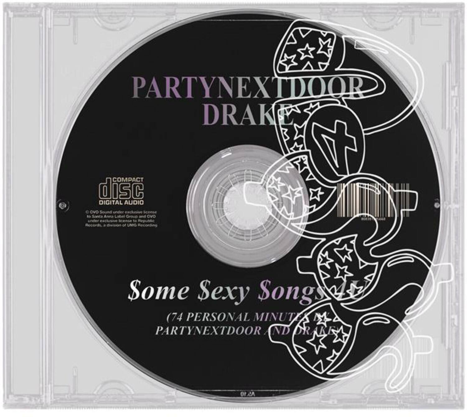 PARTYNEXTDOOR  
DRAKE  

COMPACT disc  
DIGITAL AUDIO  

Some Sexy Songs  
(74 PERSONAL MINUTES)  
PARTYNEXTDOOR AND DRAKE  

© OVO Sound under exclusive license to Santa Anna Label Group and OVO Records, a division of UMG Recording