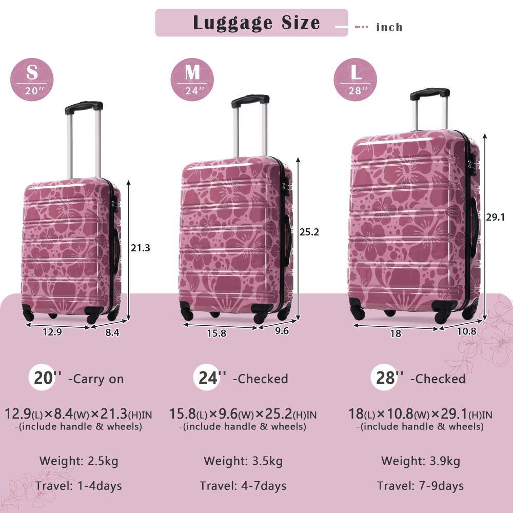 Luggage Size  
... inch

S 20"  
20" - Carry on  
12.9(L) x 8.4(W) x 21.3(H) IN  
(includes handle & wheels)  
Weight: 2.5kg  
Travel: 1-4 days

M 24"  
24" - Checked  
15.8(L) x 9.6(W) x 25.2(H) IN  
(includes handle & wheels)  
Weight: 3.5kg  
Travel: 4-7 days

L 28"  
28" - Checked  
18(L) x 10.8(W) x 29.1(H) IN  
(includes handle & wheels)  
Weight: 3.9kg  
Travel: 7-9 days
