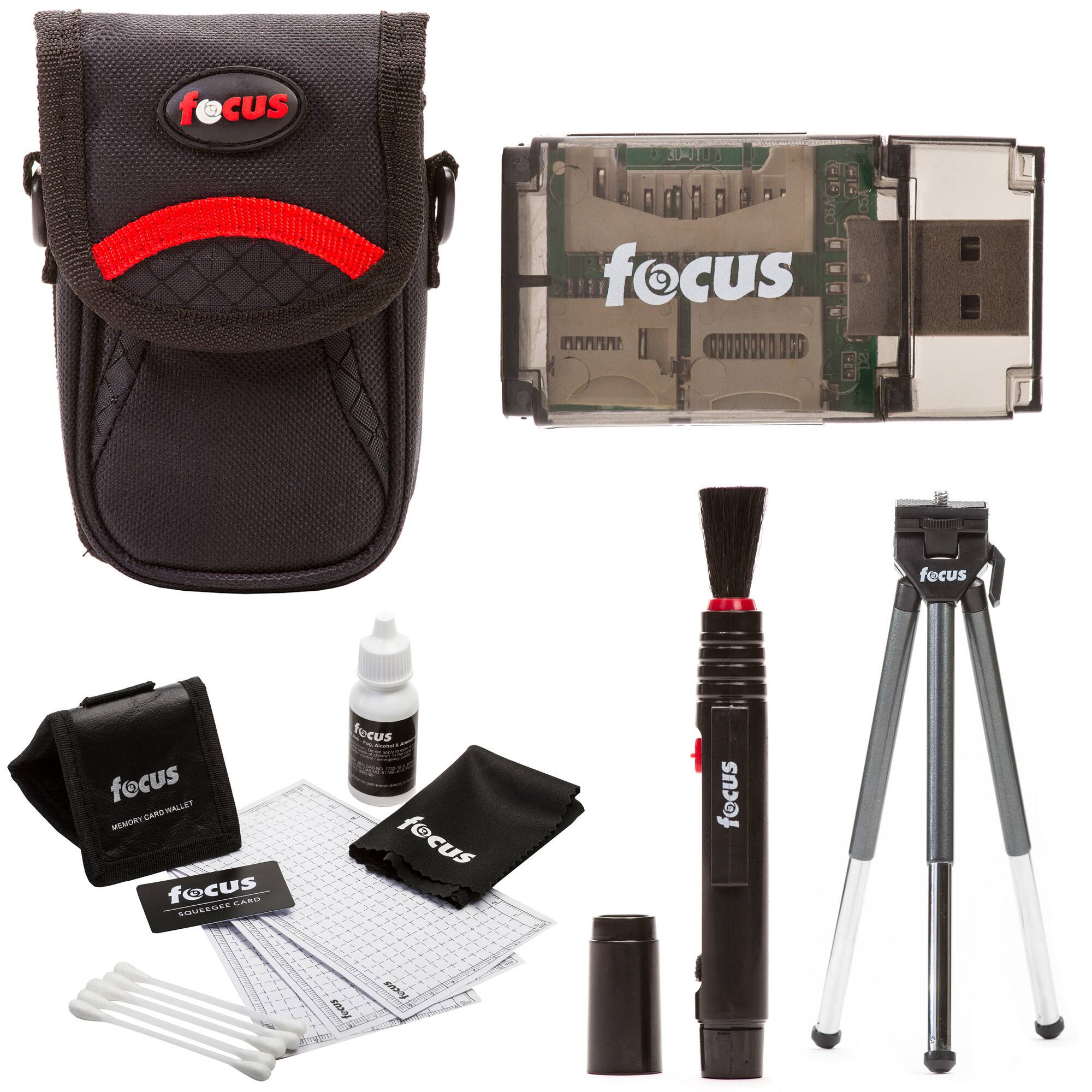 The image features a variety of items, including a black case, a focus branded item, a pair of scissors, and a pen. The focus branded item is likely a camera or a piece of photography equipment. The case and the focus branded item are placed next to each other, while the scissors and pen are placed separately. The items are arranged in a way that showcases their different functions and purposes.