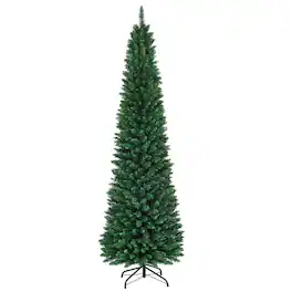 WELLFOR - 8 ft Artificial Christmas Tree, Hinged Slim Pencil Xmas Tree with Metal Stand - Green