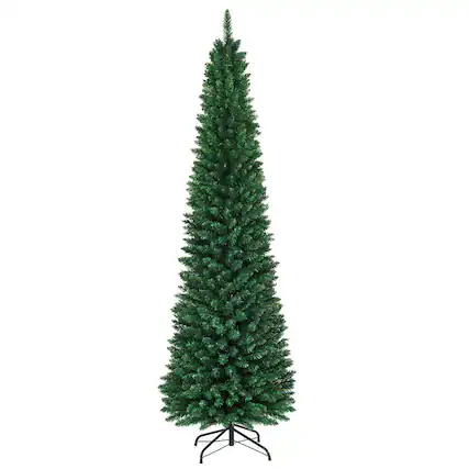 Front. WELLFOR - 8 ft Artificial Christmas Tree, Hinged Slim Pencil Xmas Tree with Metal Stand - Green.