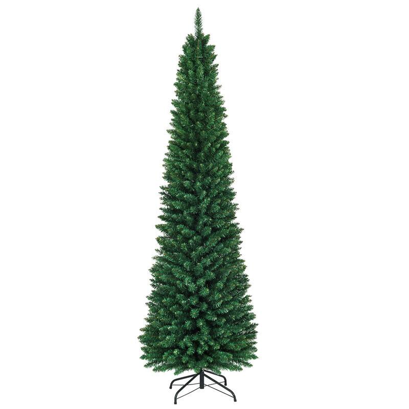 Front. WELLFOR - 8 ft Artificial Christmas Tree, Hinged Slim Pencil Xmas Tree with Metal Stand - Green.