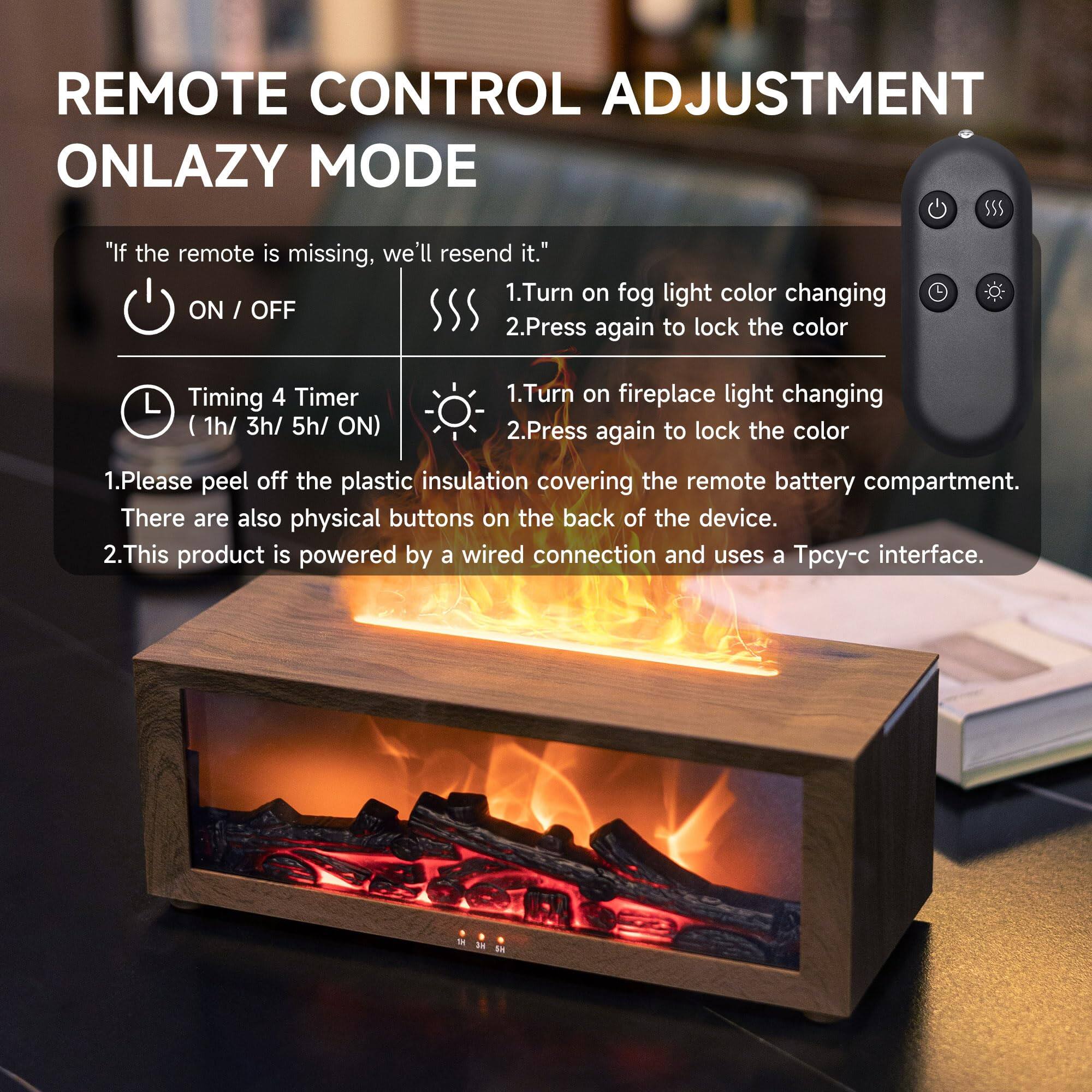 REMOTE CONTROL ADJUSTMENT ONLAZY MODE

"If the remote is missing, we'll resend it."

1. Turn on fog light color changing ON / OFF
2. Press again to lock the color

Timing 4 Timer (1h/ 3h/ 5h/ ON)

1. Turn on fireplace light changing
2. Press again to lock the color

1. Please peel off the plastic insulation covering the remote battery compartment. There are also physical buttons on the back of the device.
2. This product is powered by a wired connection and uses a Tpcy-c interface.