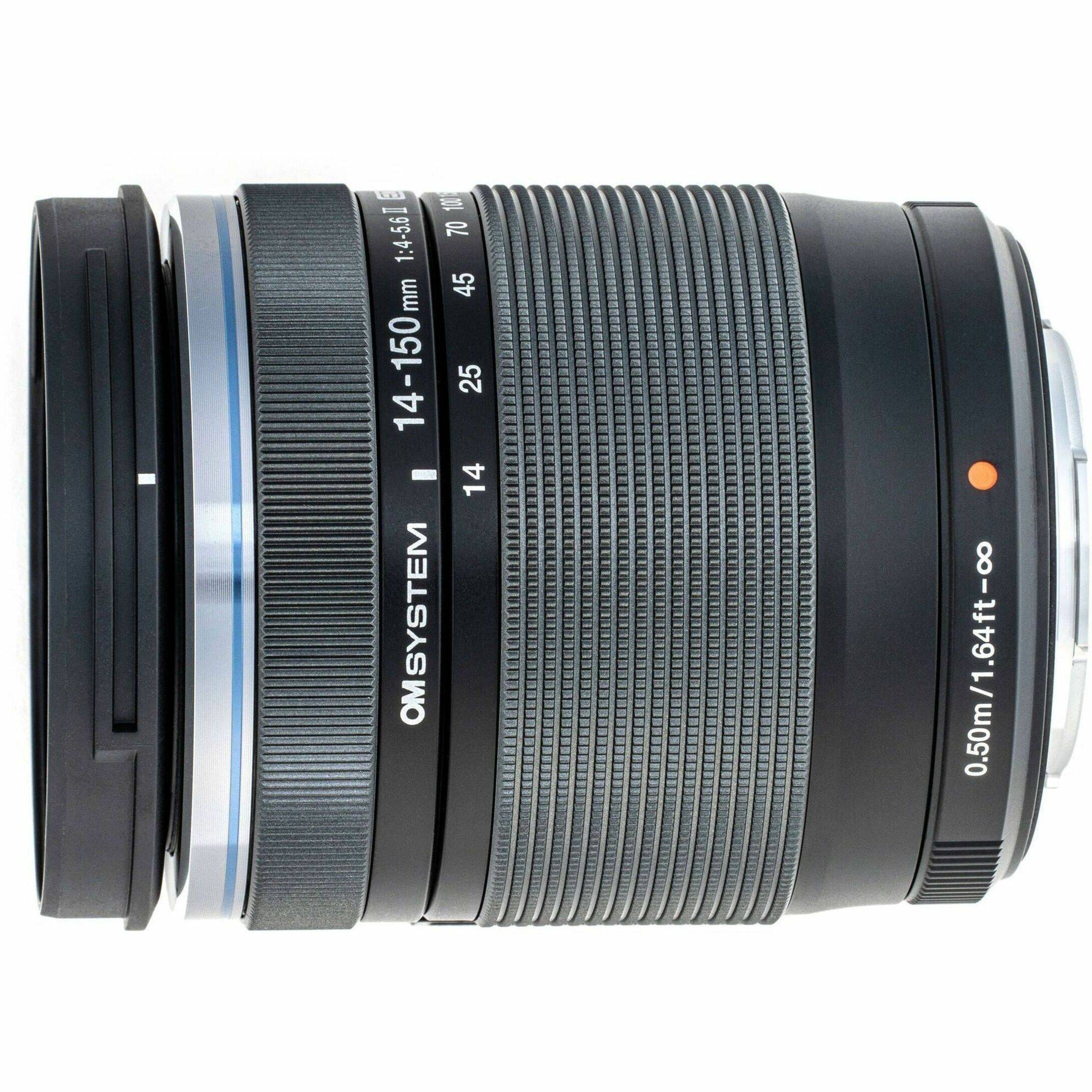 The text on the image reads: "L 10 1:4-56 l 70 mm 45 14-150 25 - 14 OMSYSTEM 0.50m/1.64ft-0." This text is likely describing the specifications of the lens. The lens has a focal length of 70 mm, and it is designed for a full-frame camera. The aperture is f/4, which means it can let in a lot of light, making it suitable for low-light situations. The lens has a minimum focusing distance of 1.5 meters, and it is designed for use with a mirrorless camera.