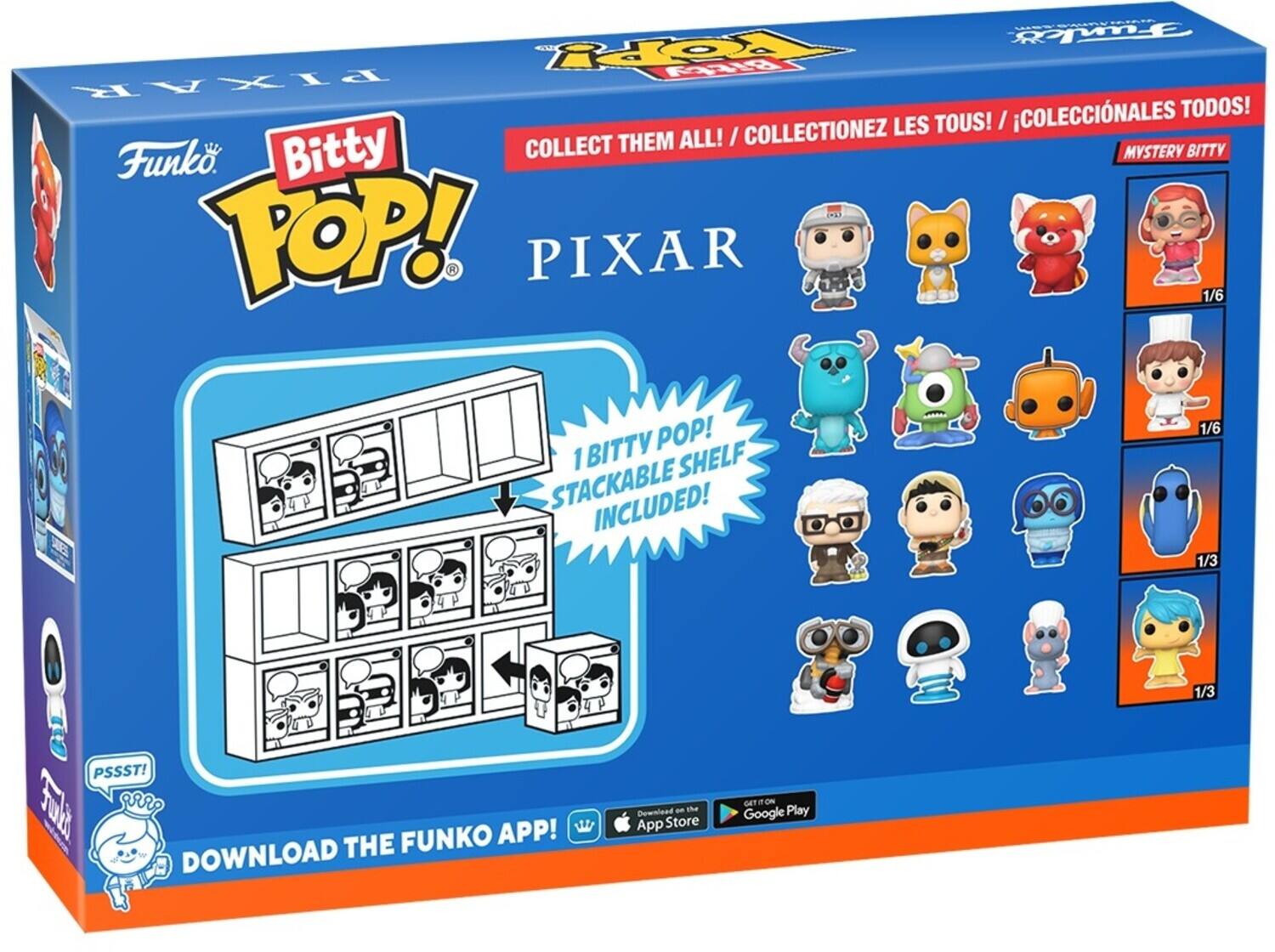 Ros Fuk BE PIXAR COLECCINALES TODOS! LES TOUS! / COLLECT THEM ALL! / COLLECTIONEZ Bitty MYSTERY BITTY Funk POP! PIXAR 1/6 POP! 1/6 1 BITTY SHELF STACKABLE INCLUDED! 1/3 1/3 PSSST! DOWNLOAD THE FUNKO APP! DOWNLOAD an the Deownlead App Store GET ON Google Play