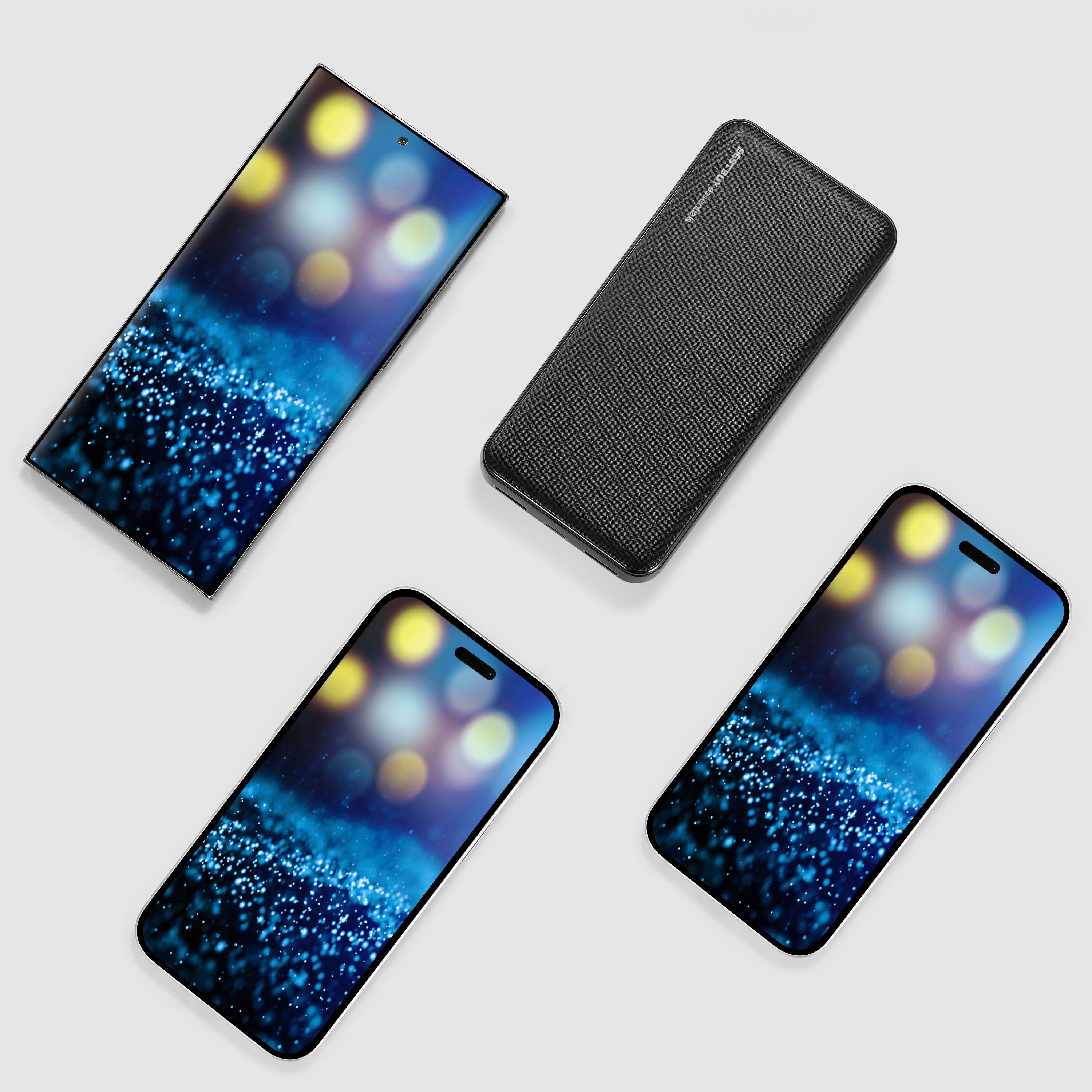 The image features four cell phones with blue cases, each displaying a different image of lights. The phones are arranged in a square formation, with two phones on each side. The image also includes a black box, which is likely a charger, placed in the center of the square. The text on the image reads "Best Buy dosertials," suggesting that the phones and charger are available for purchase at Best Buy.