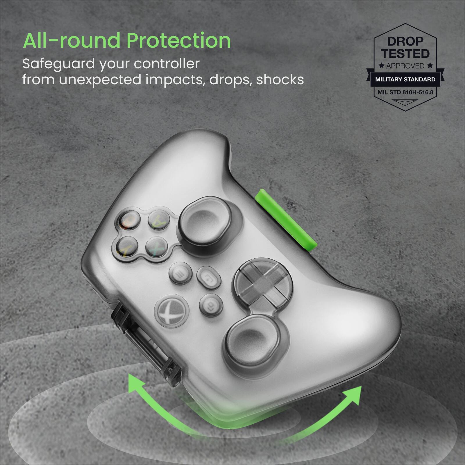 All-round Protection: Safeguard your controller from unexpected impacts, drops, shocks. DROP TESTED. APPROVED. MILITARY STANDARD MIL STD 810H-516.8 III.