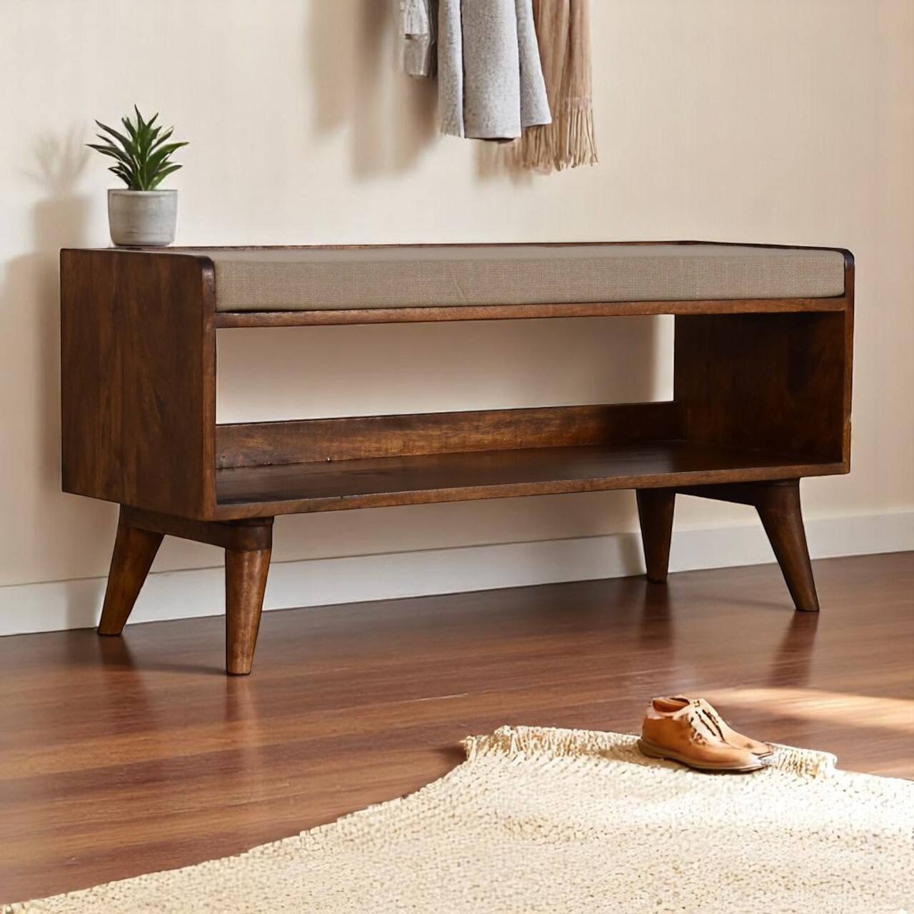 Alt View 6. Artisan Furniture - Artisan Furniture Solid Wood Mud Linen Nordic Storage Bench, Upholstered, 1 Open Slot, Brown & White - Brown & White.