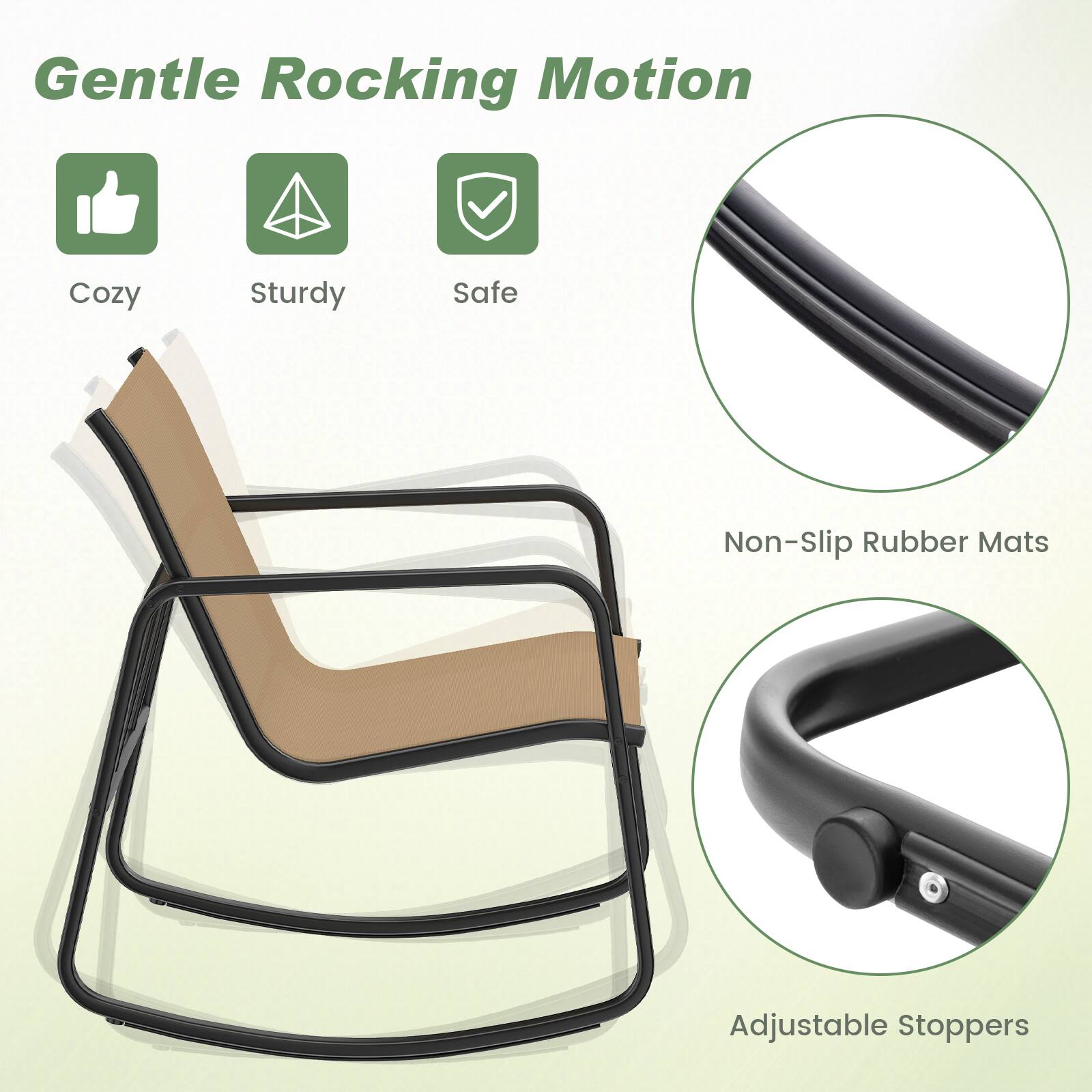 Gentle Rocking Motion

- Cozy
- Sturdy
- Safe

Non-Slip Rubber Mats

Adjustable Stoppers